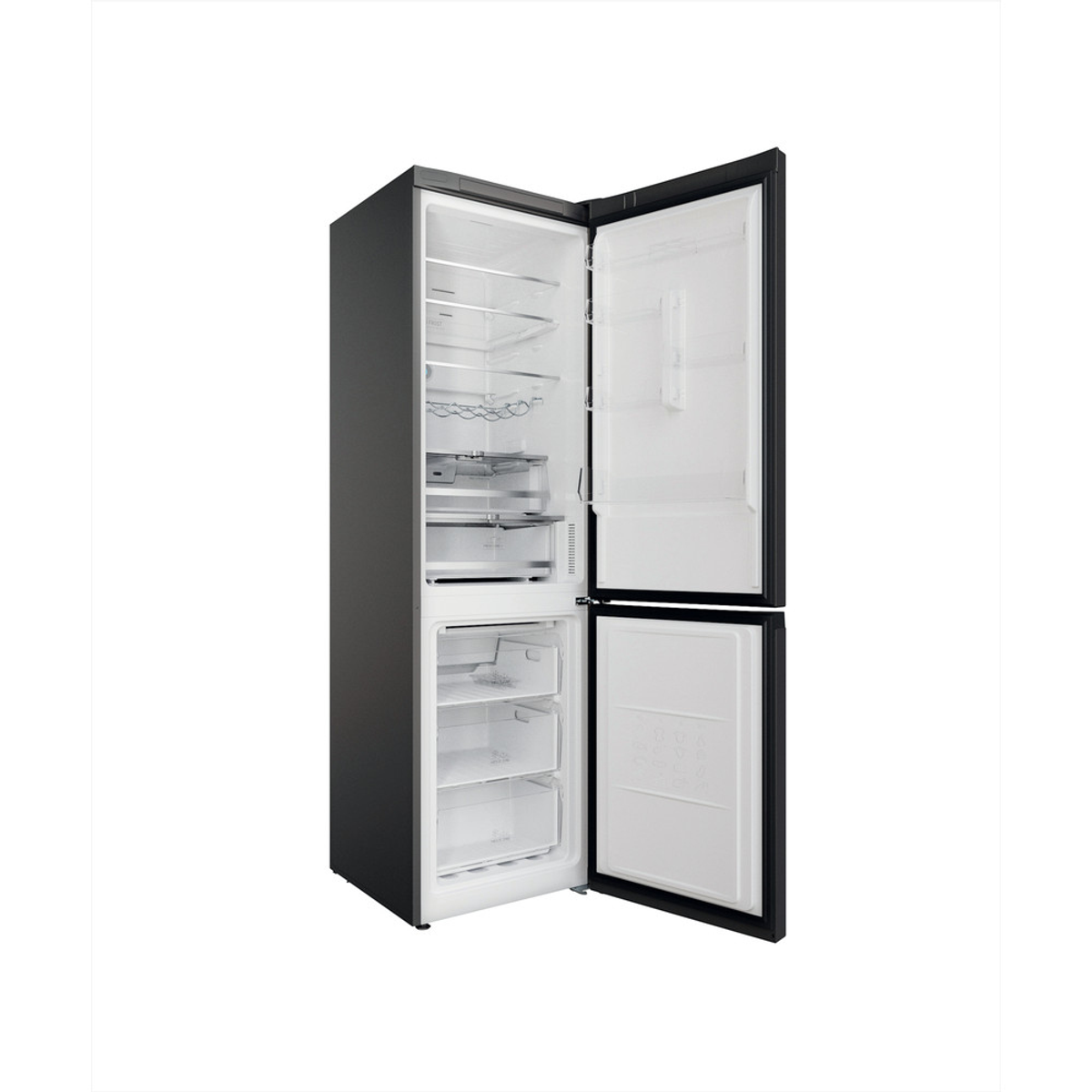 Refrigerador negro con puertas abiertas, mostrando estantes y cajones.