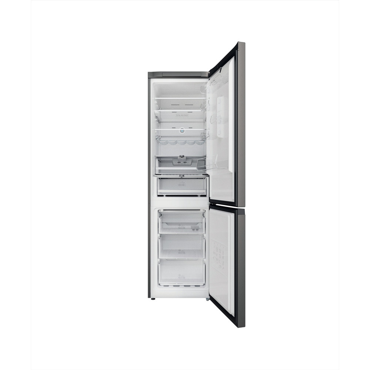 Un refrigerador blanco con la puerta abierta, que revela el interior. Tiene cajones, estantes y un exterior gris oscuro.