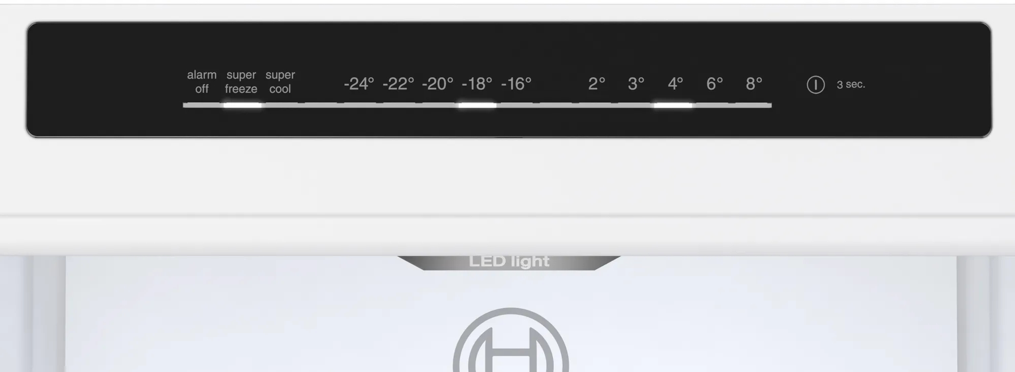 Kühlschrank-Bedienfeld mit Temperatureinstellungen und Funktionsanzeigen.