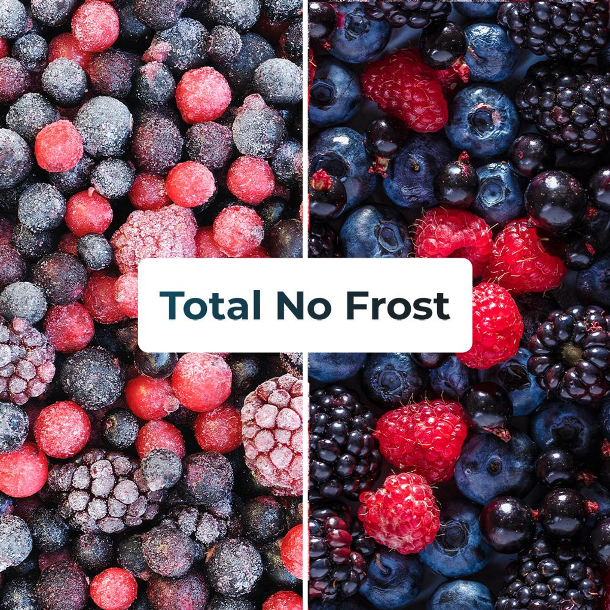 Una foto ravvicinata che mostra mirtilli, lamponi e more congelati, etichettata 'Total No Frost'.
