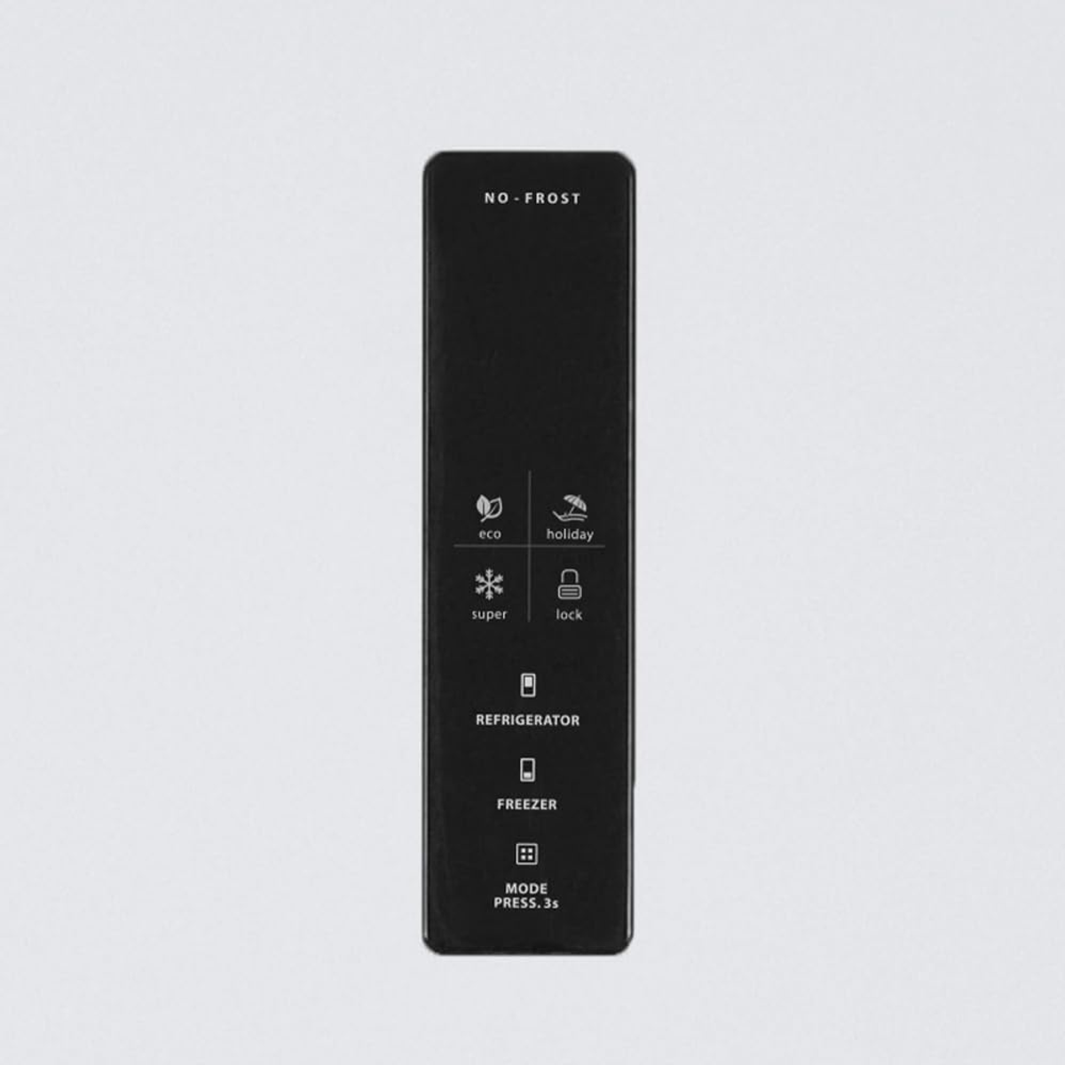 Panel de control negro con iconos y texto para ajustes del frigorífico como eco, vacaciones, super y bloqueo.