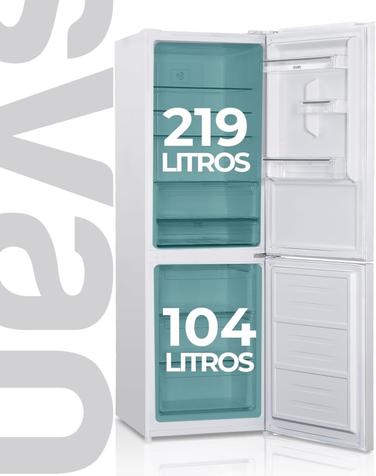 Un refrigerador blanco con 219 litros y 104 litros visibles.