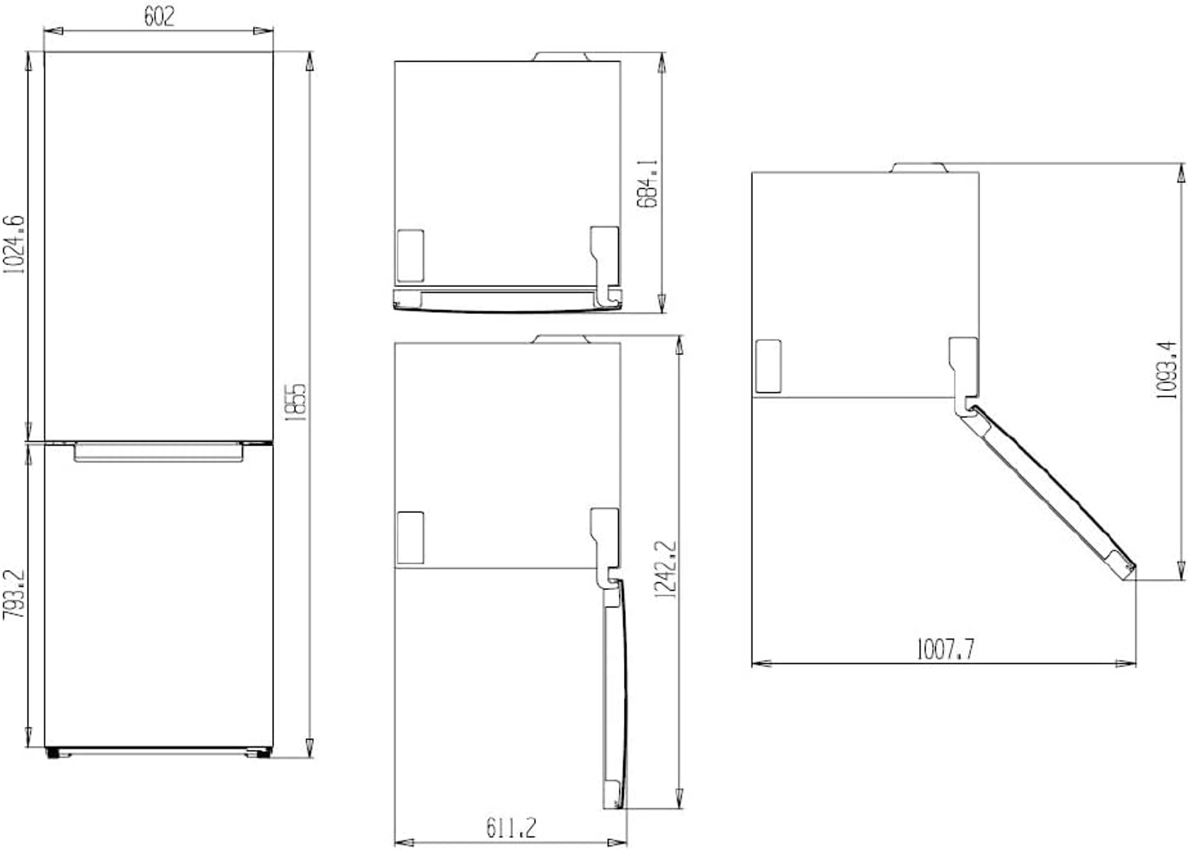 Dibujo técnico de un frigorífico con dimensiones y contornos.