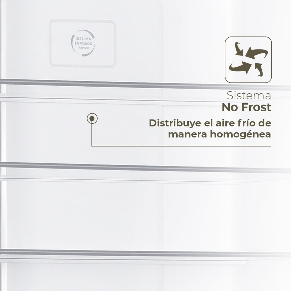 Interior de refrigerador, mostrando sistema para enfriamiento uniforme, con flechas indicando la distribución del aire.