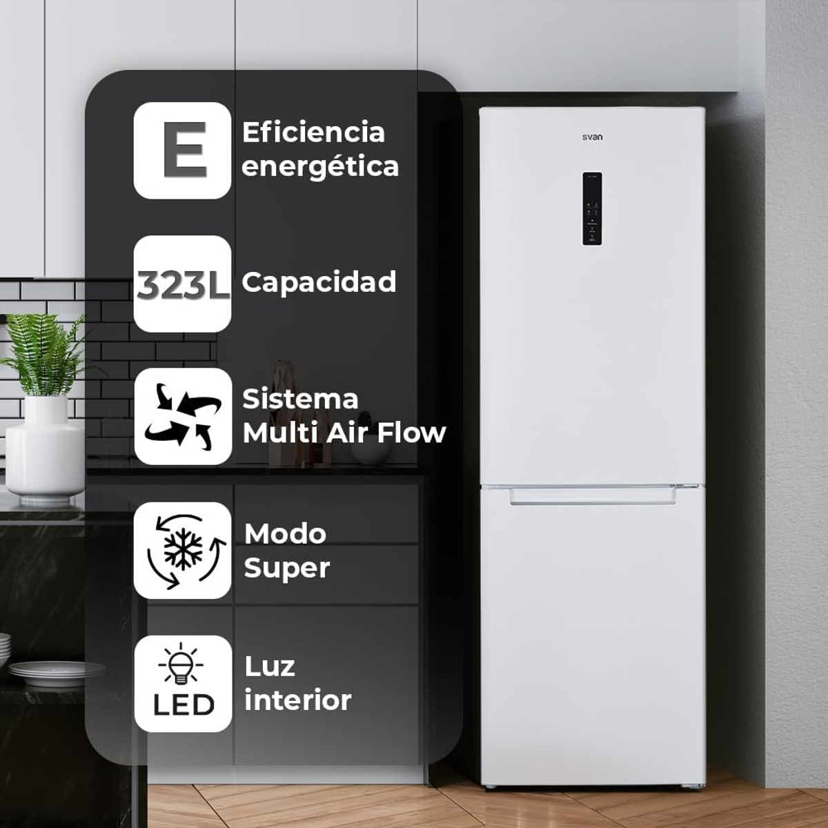 Un refrigerador blanco con puertas abiertas. Incluye eficiencia energética, gran capacidad e iluminación LED.