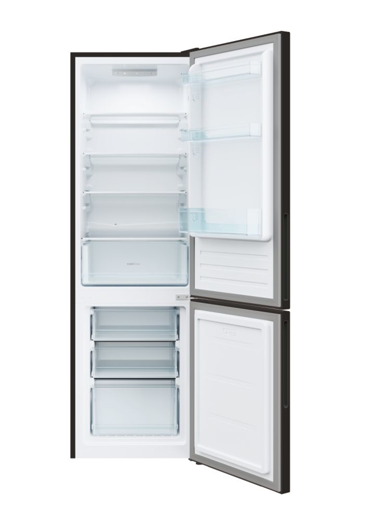 Een zwarte koelkast met de deuren open, met het interieur met planken en laden.