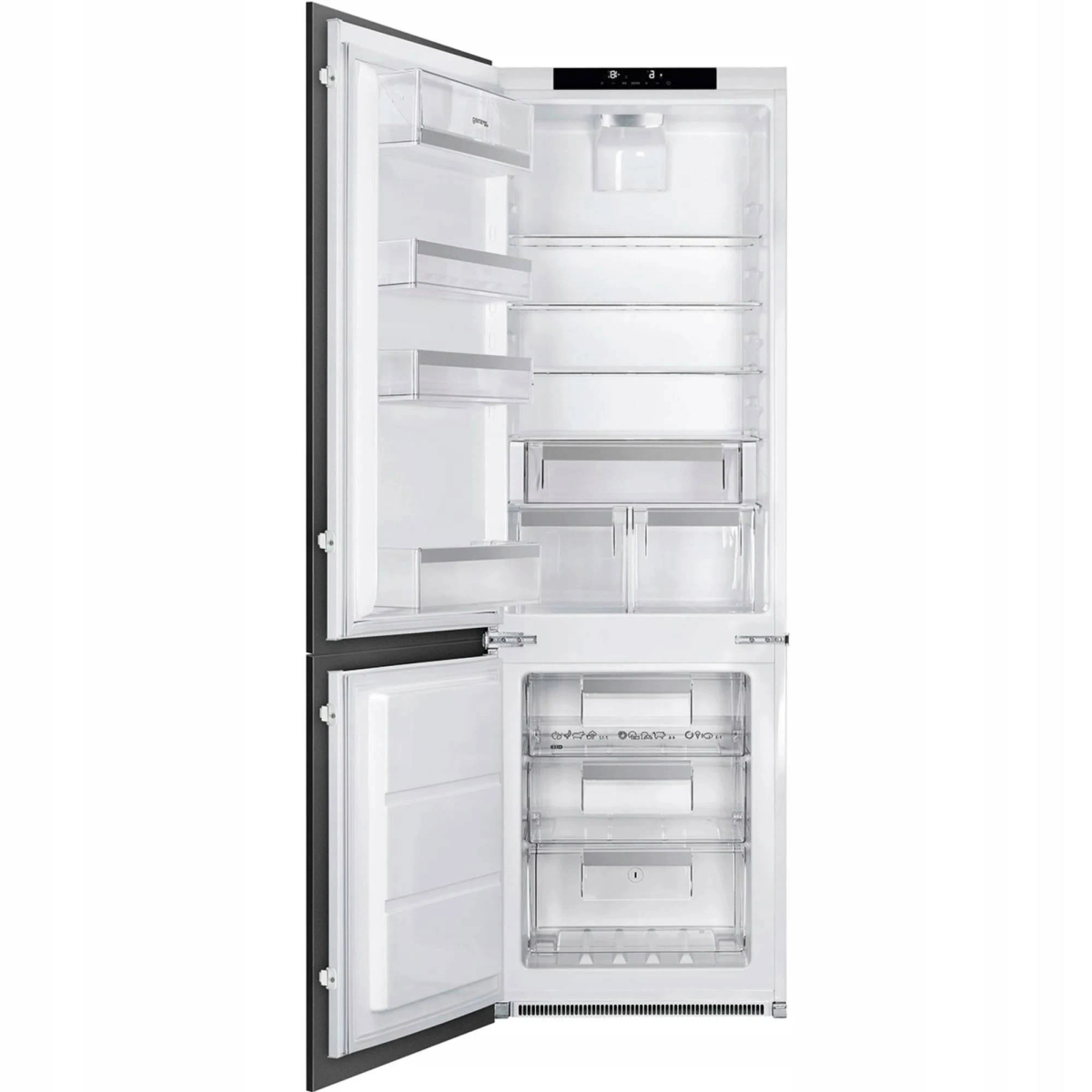 Interior de refrigerador blanco con puertas abiertas. Estantes, cajones, pantalla digital.