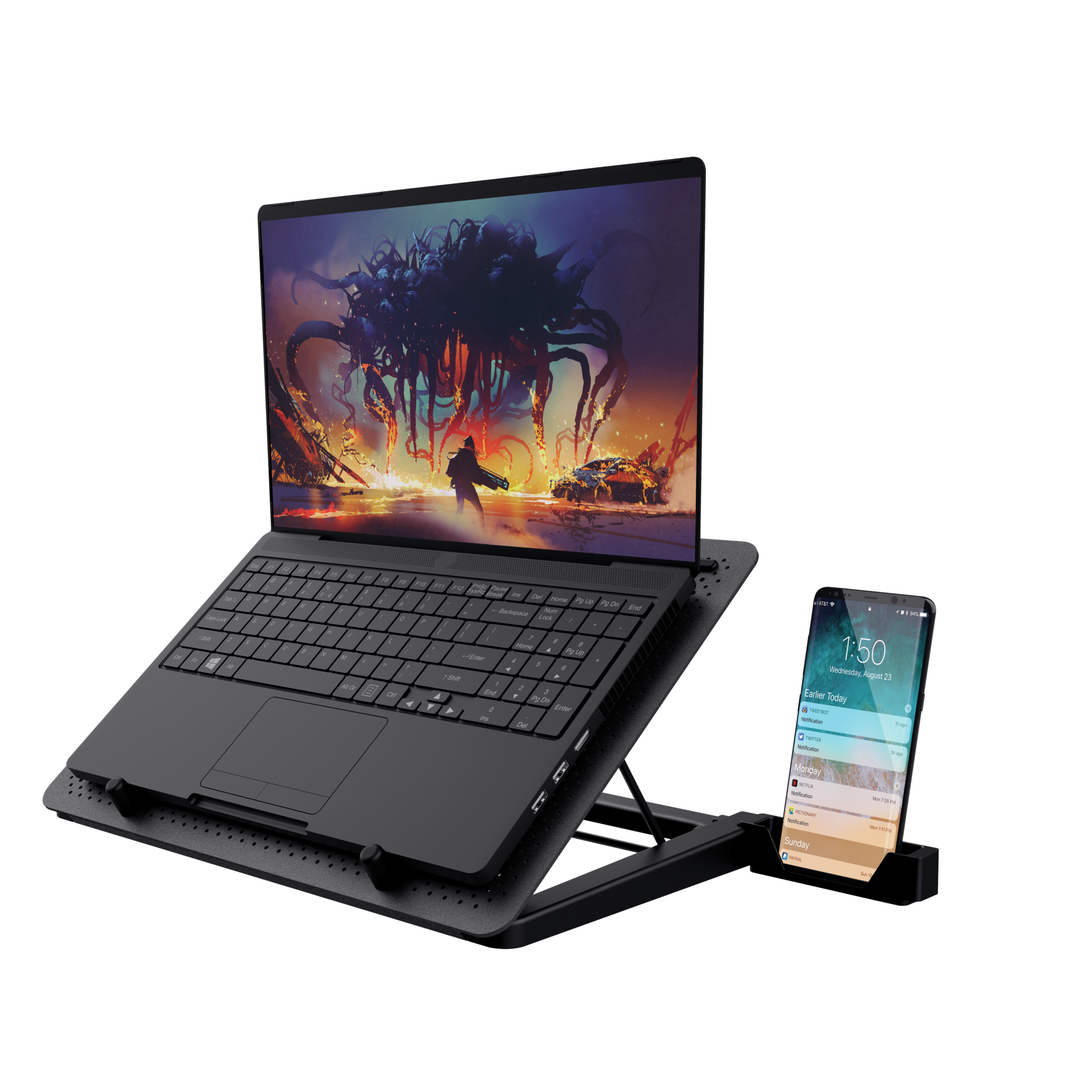 Ein Laptop mit farbenfrohem Bildschirm, Text 'ASUS Vivobook'. Weißer Hintergrund.