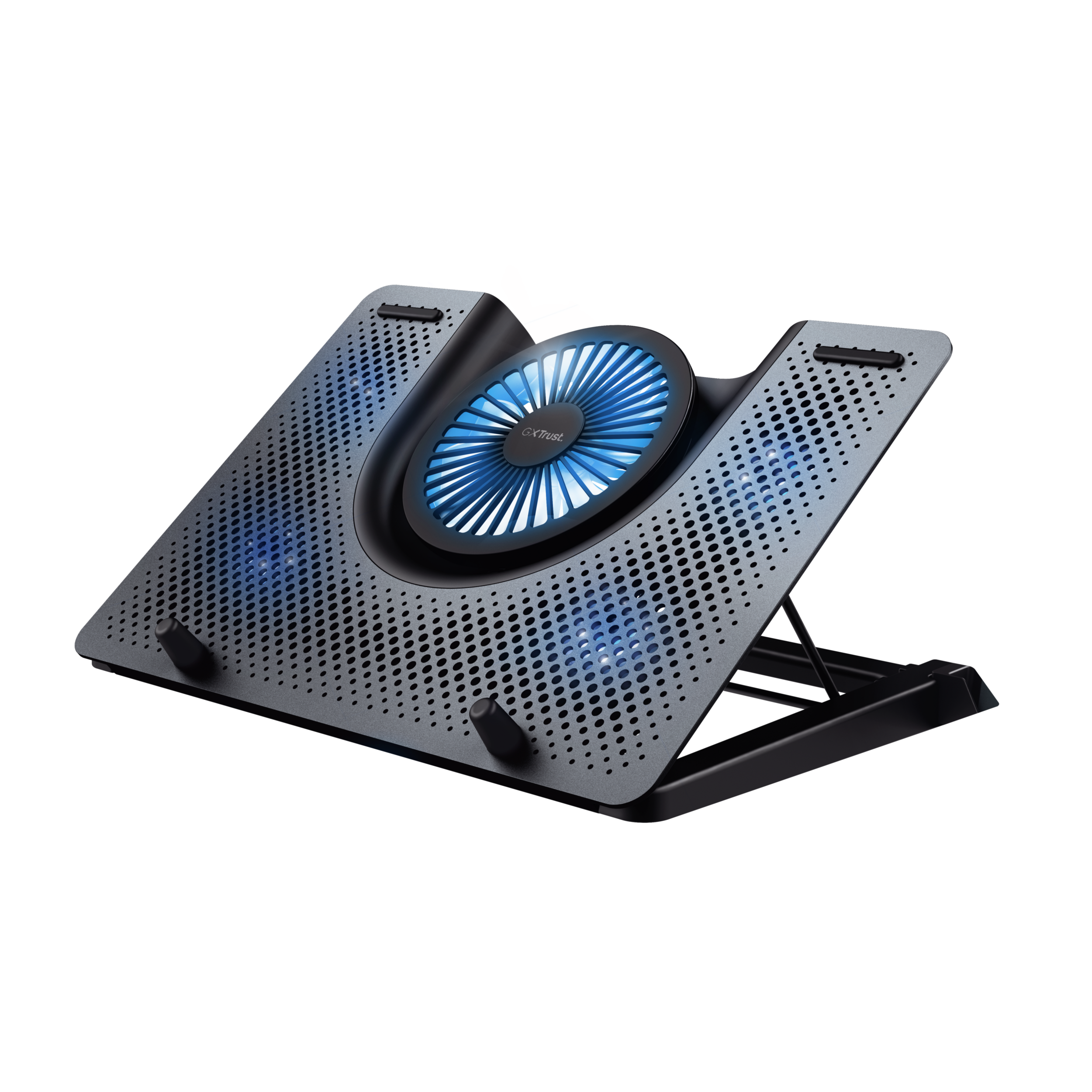 Laptop-Kühlständer mit Ventilator. Der Ständer ist grau, der Lüfter hat blaue Lichter.