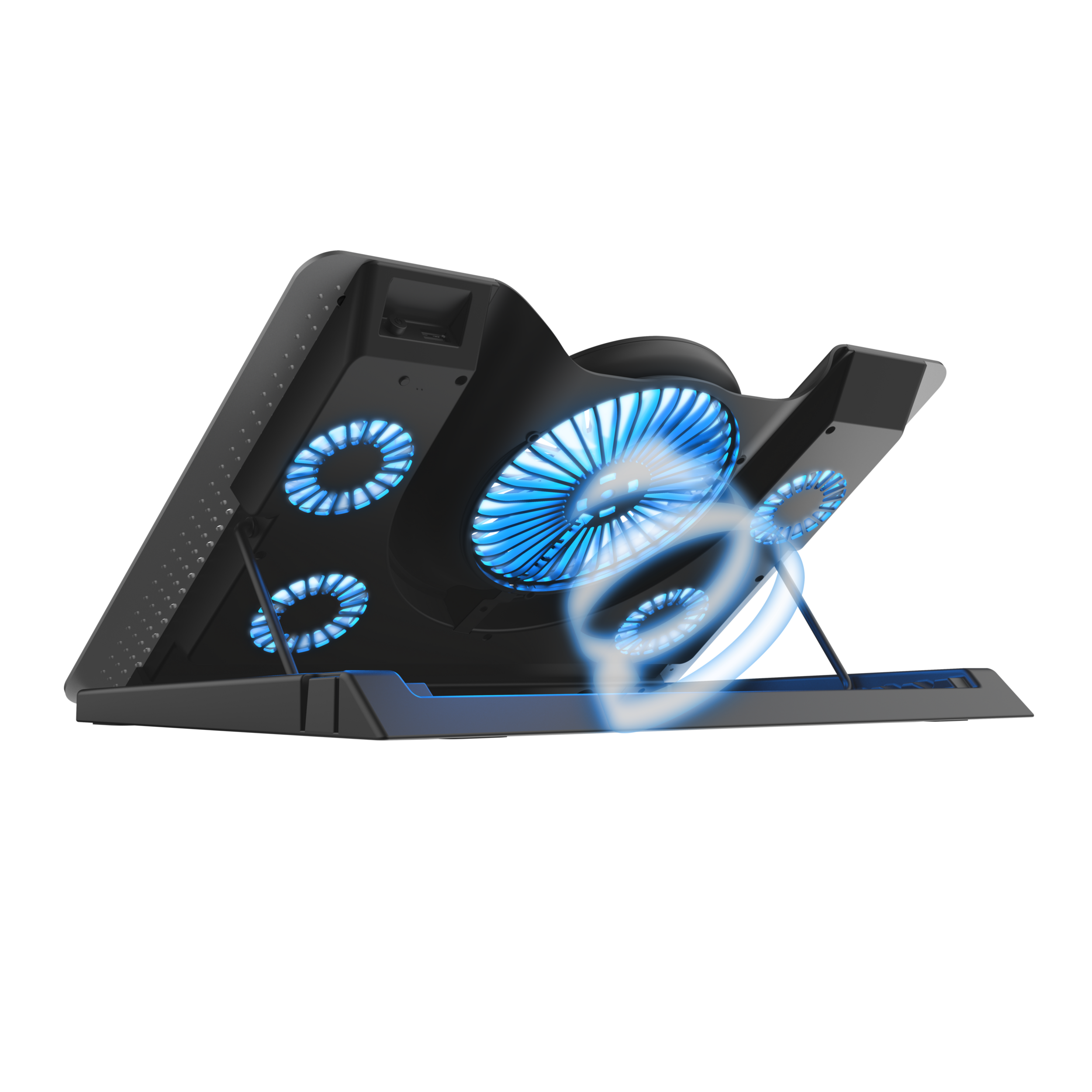 Schwarzes Laptop-Kühlpad mit blauen LED-Leuchten und Lüftern.