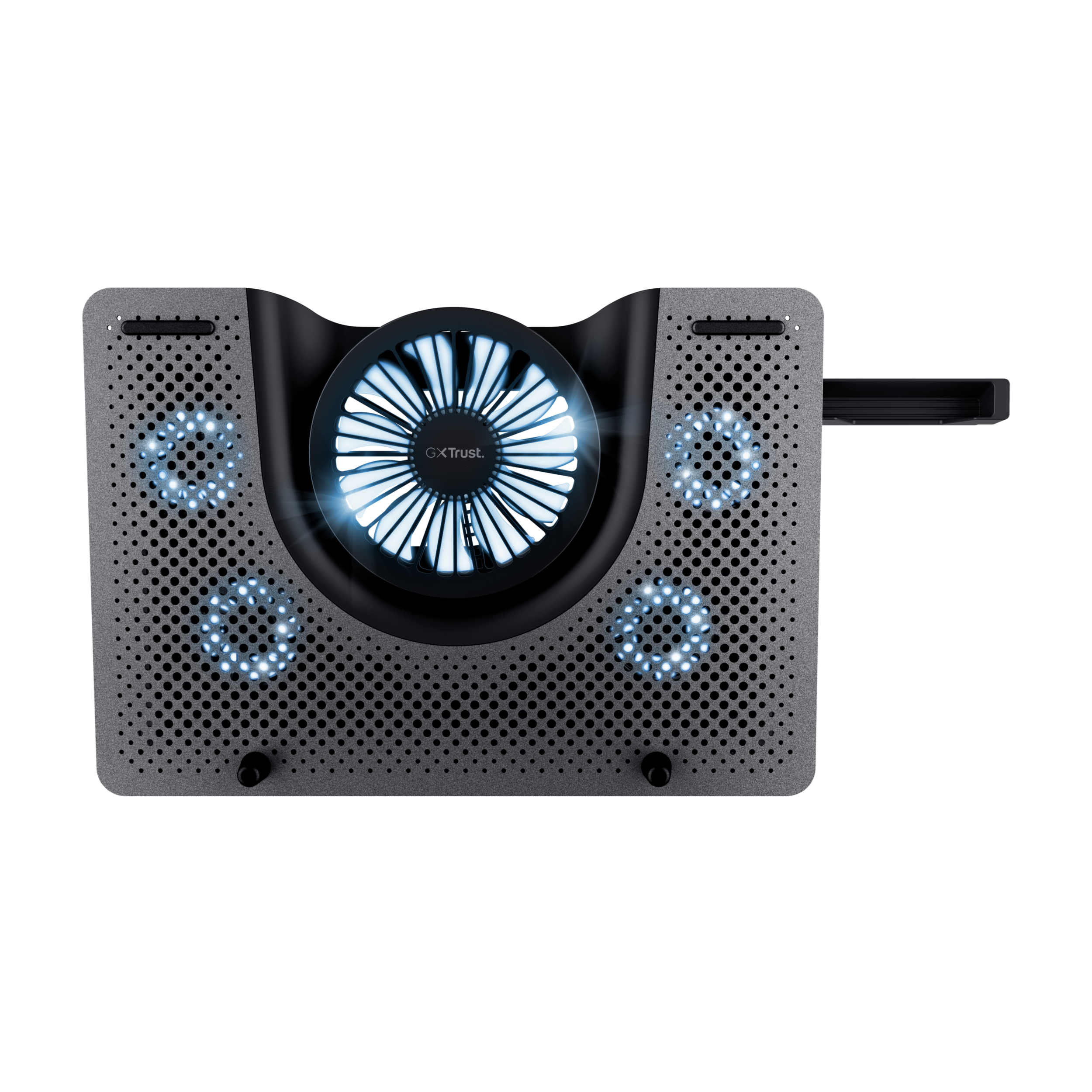 Ein graues Laptop-Kühlpad mit mehreren blauen LED-Leuchten.