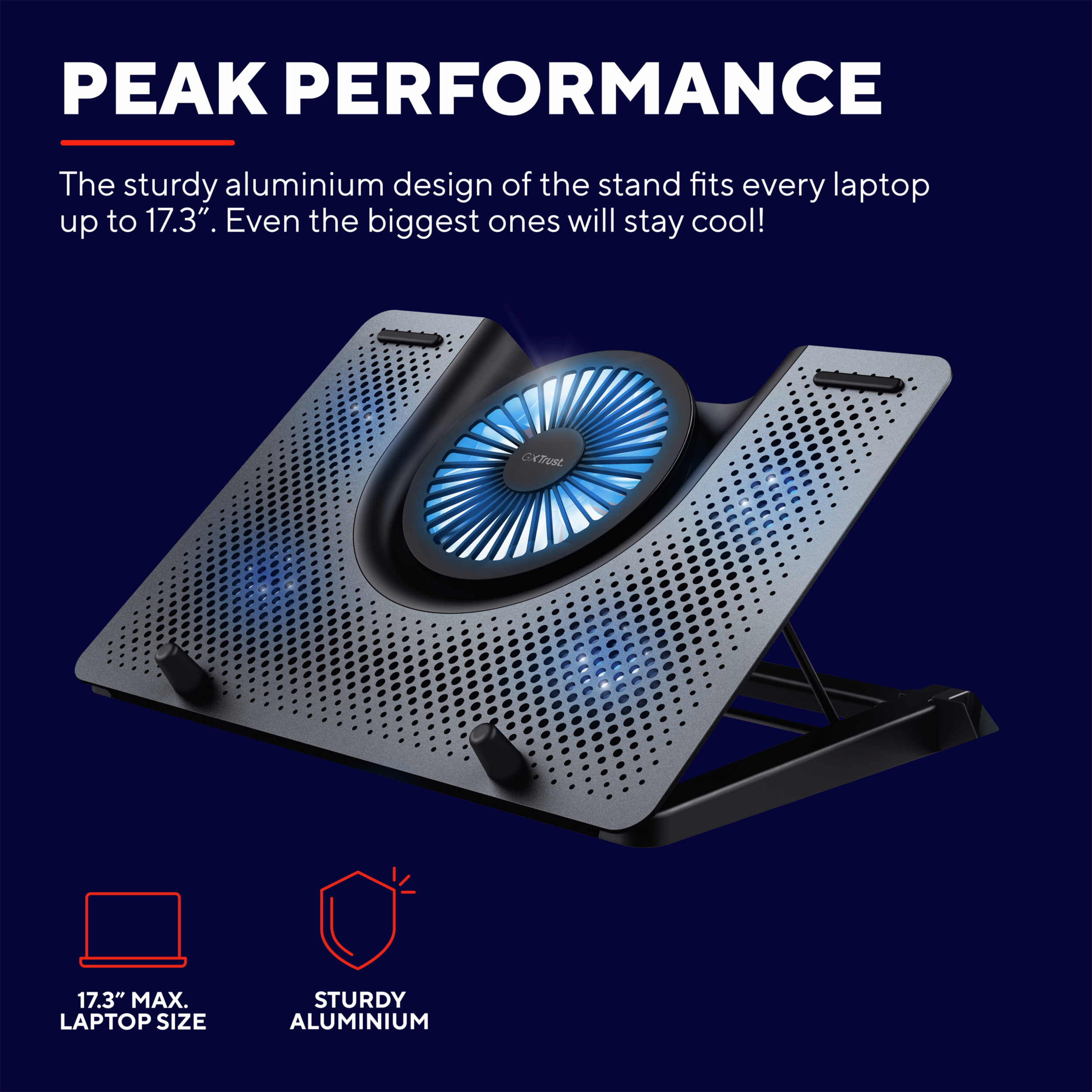 Schwarzer Laptop-Ständer mit Lüfter. Text: 'PEAK PERFORMANCE'. Merkmale sind robustes Aluminium und Laptop-Größe.