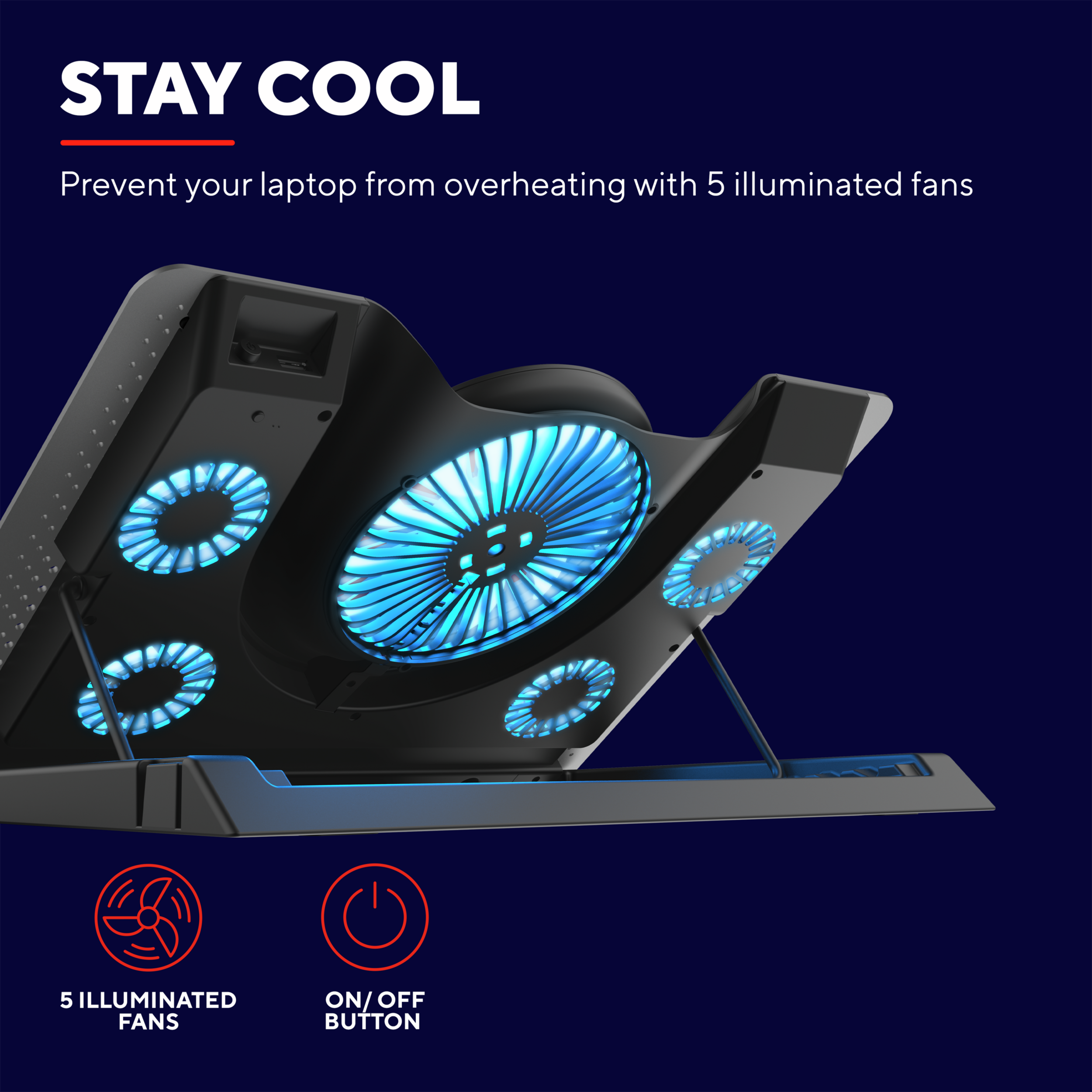 Schwarzes Laptop-Kühlpad mit 5 beleuchteten blauen Lüftern. Text sagt 'STAY COOL'. Ein/Aus-Taste.