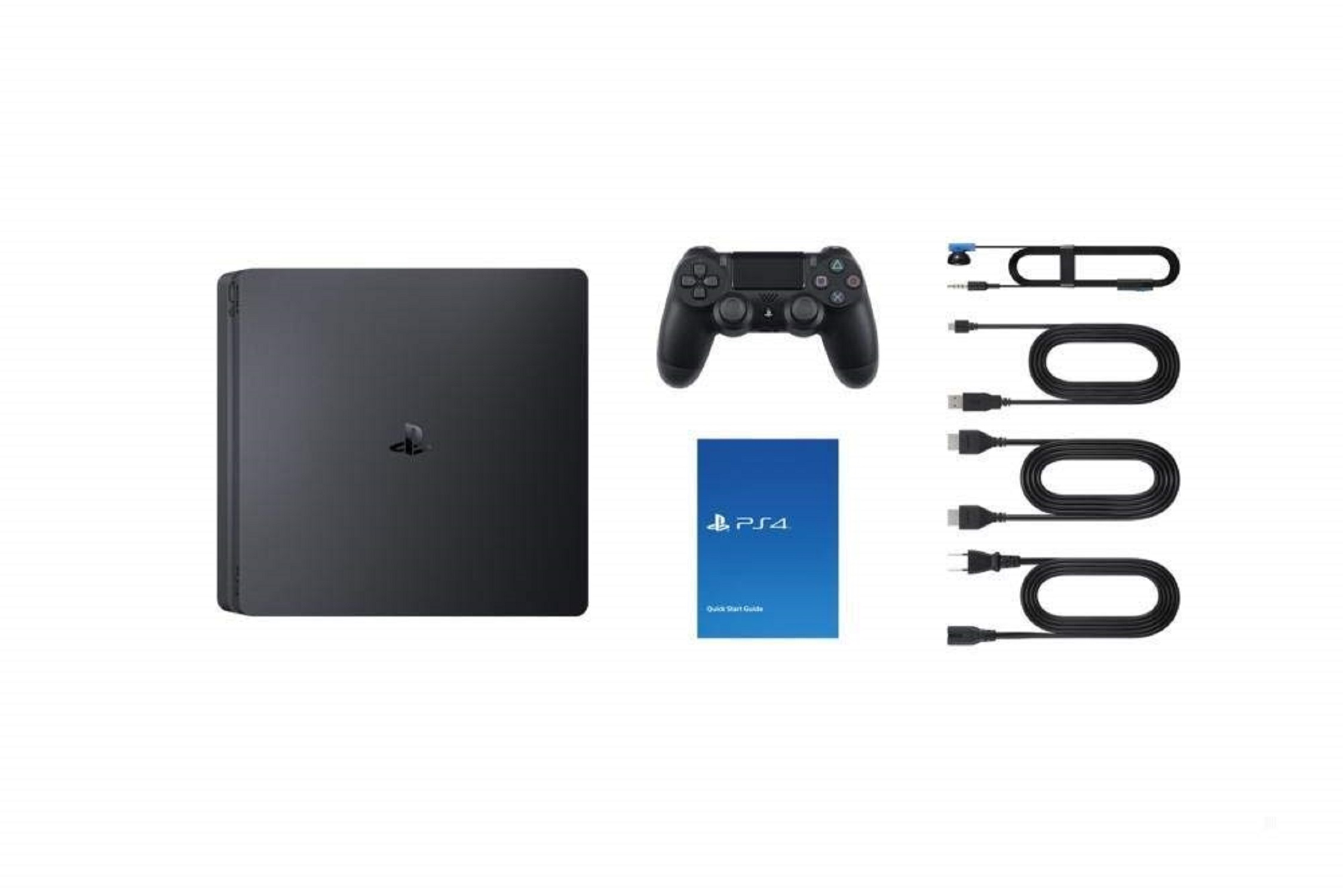 Zwarte PS4-console, controller, kabels en een snelstartgids op een wit oppervlak.