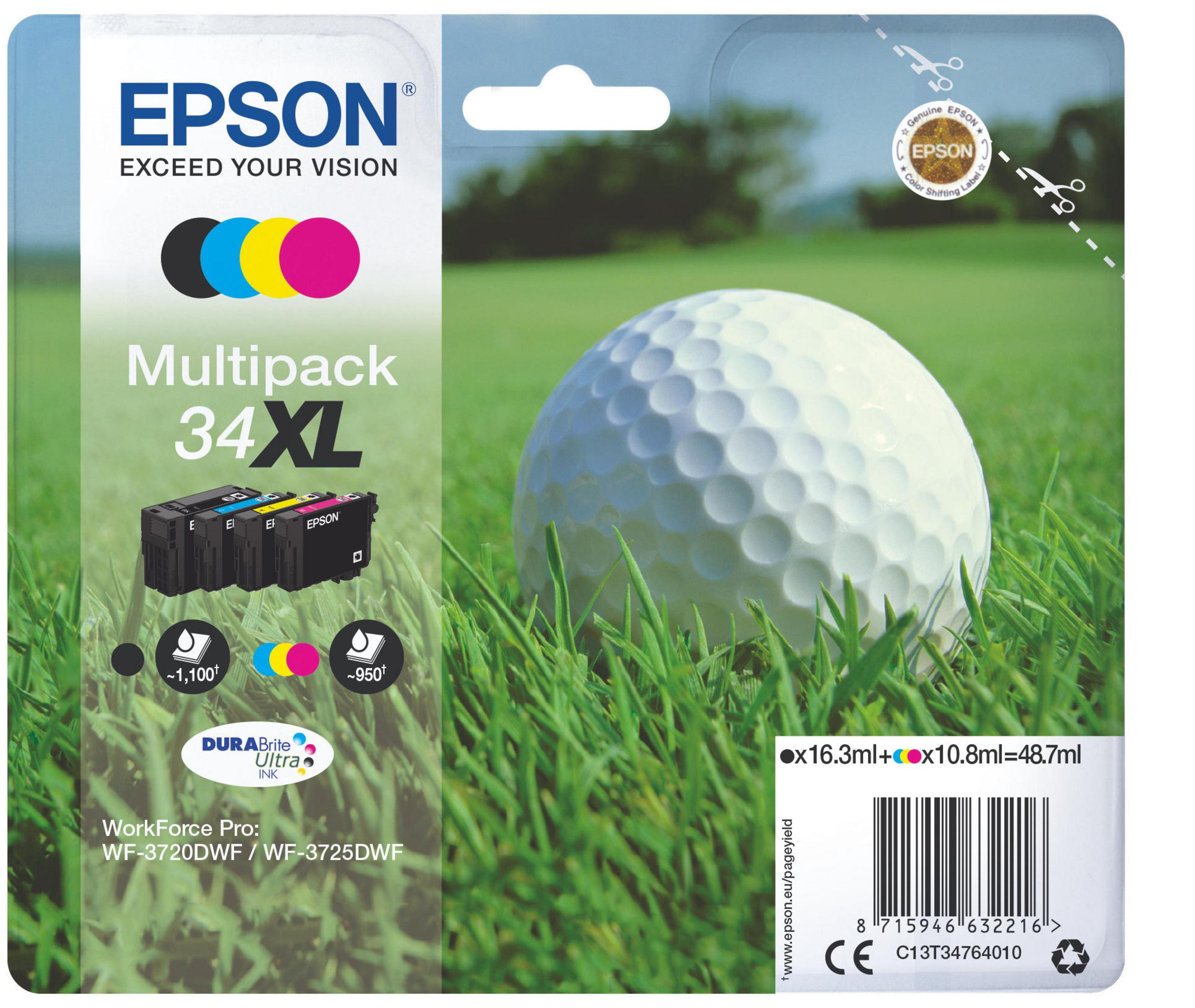 Multipack de cartouches d'encre Epson avec balle de golf sur herbe verte. Couleurs : noir, cyan, jaune, magenta.