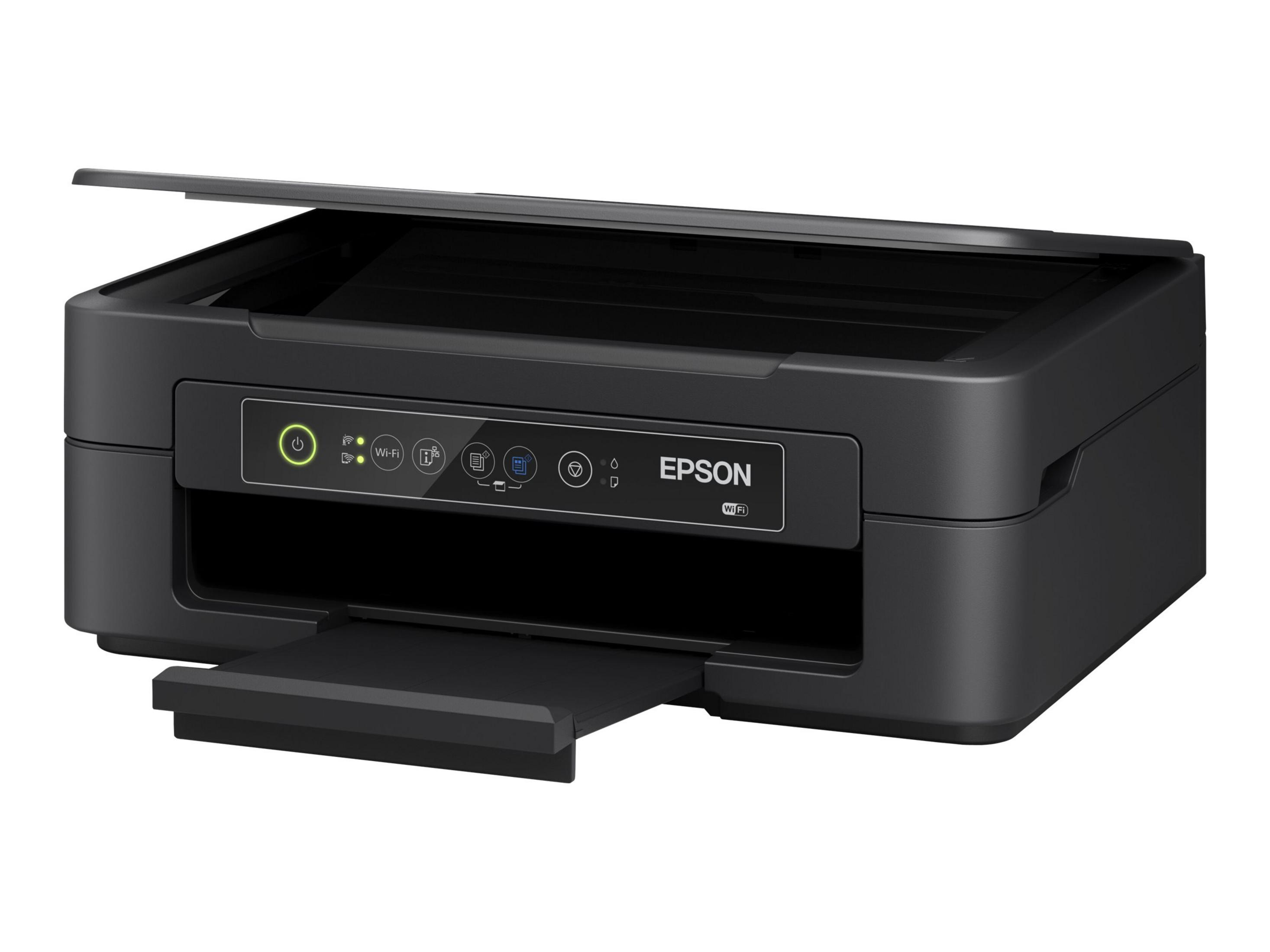 Czarna drukarka Epson, otwarta góra, z wysuniętą tacą. Przycisk zasilania podświetlony. Logo Wi-Fi Epson.