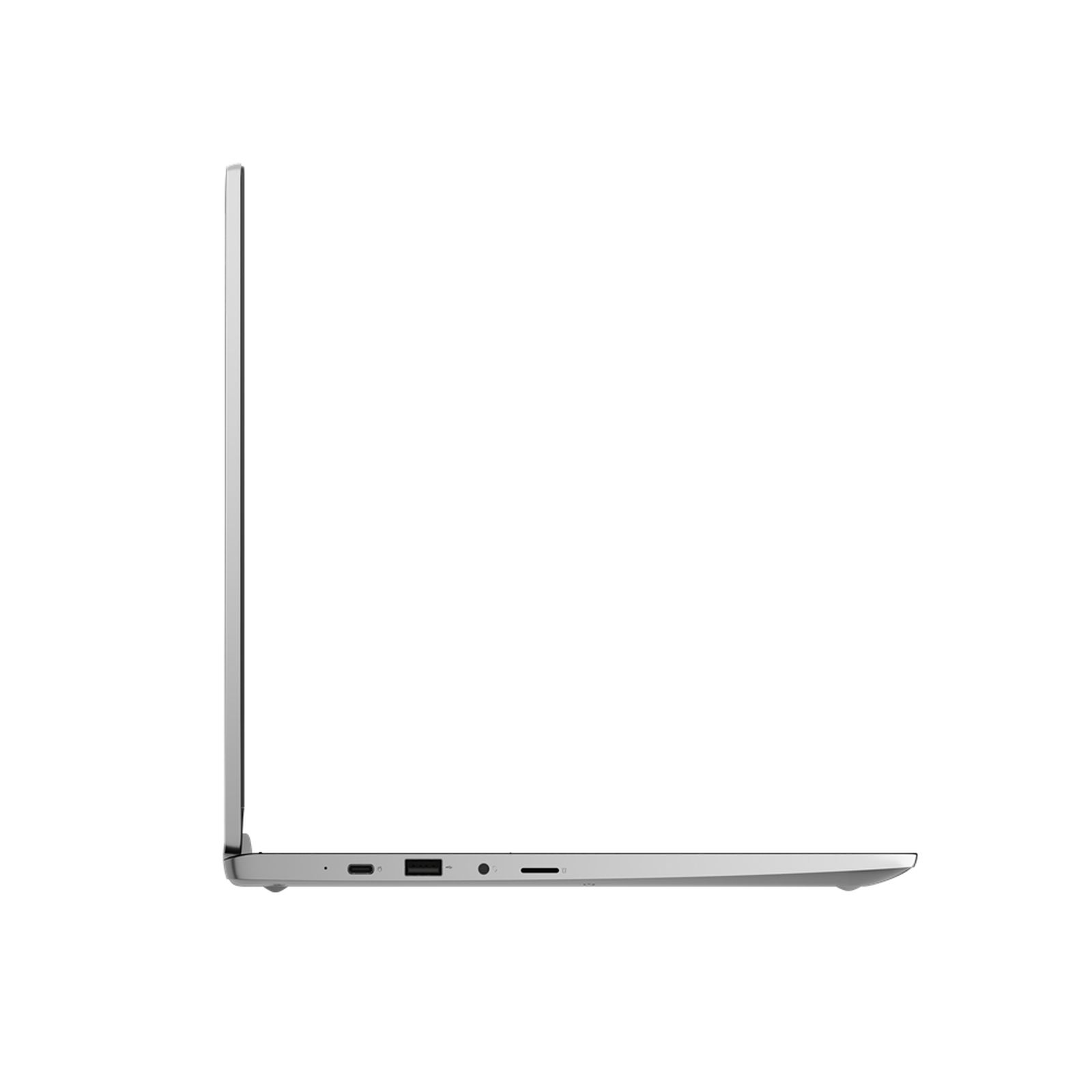 Silberner Laptop im Profil. Sichtbare Seite, einschließlich Anschlüsse und Bildschirm.
