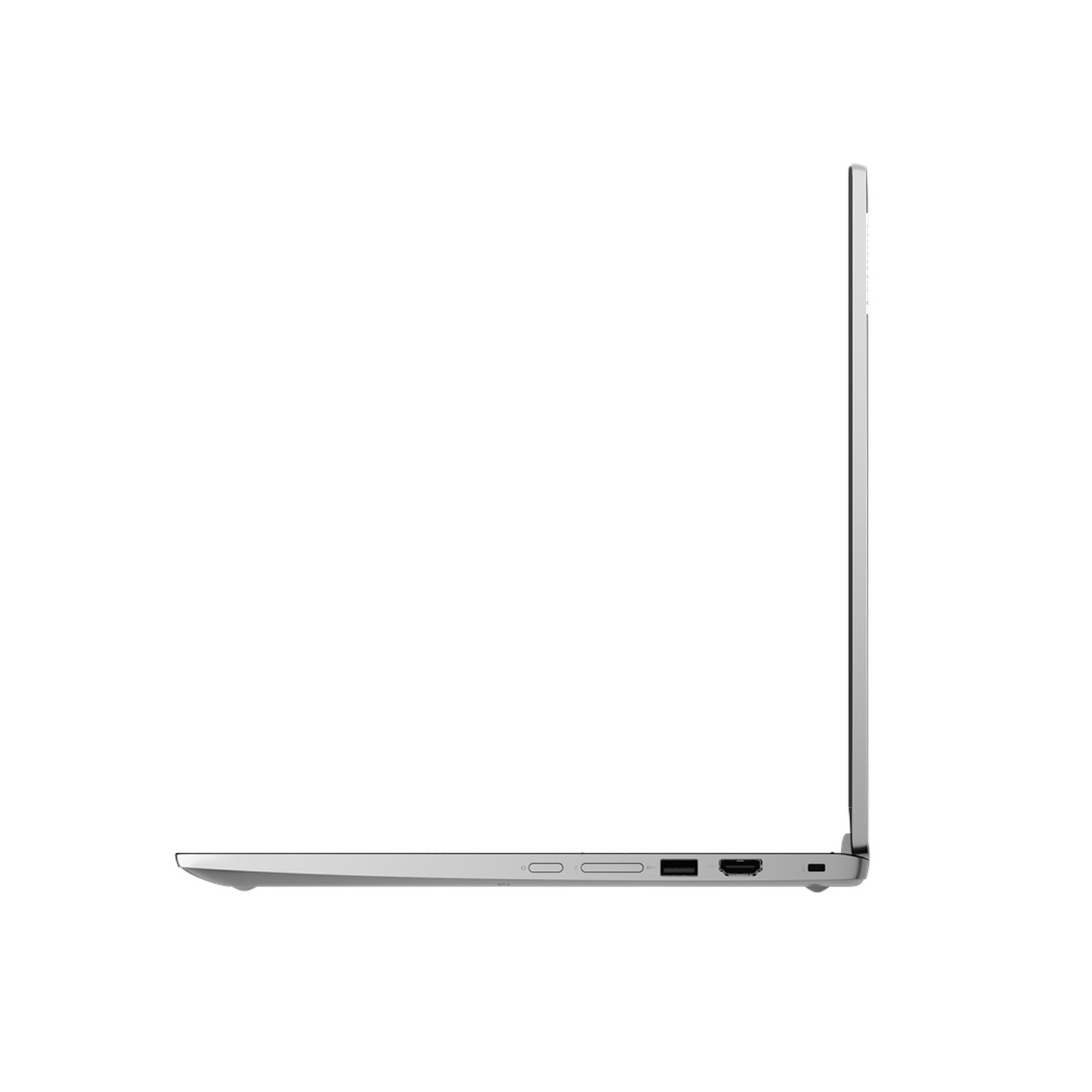 Silberne Laptop-Seitenansicht, zeigt Anschlüsse an der Seite. Der Bildschirm ist geschlossen.