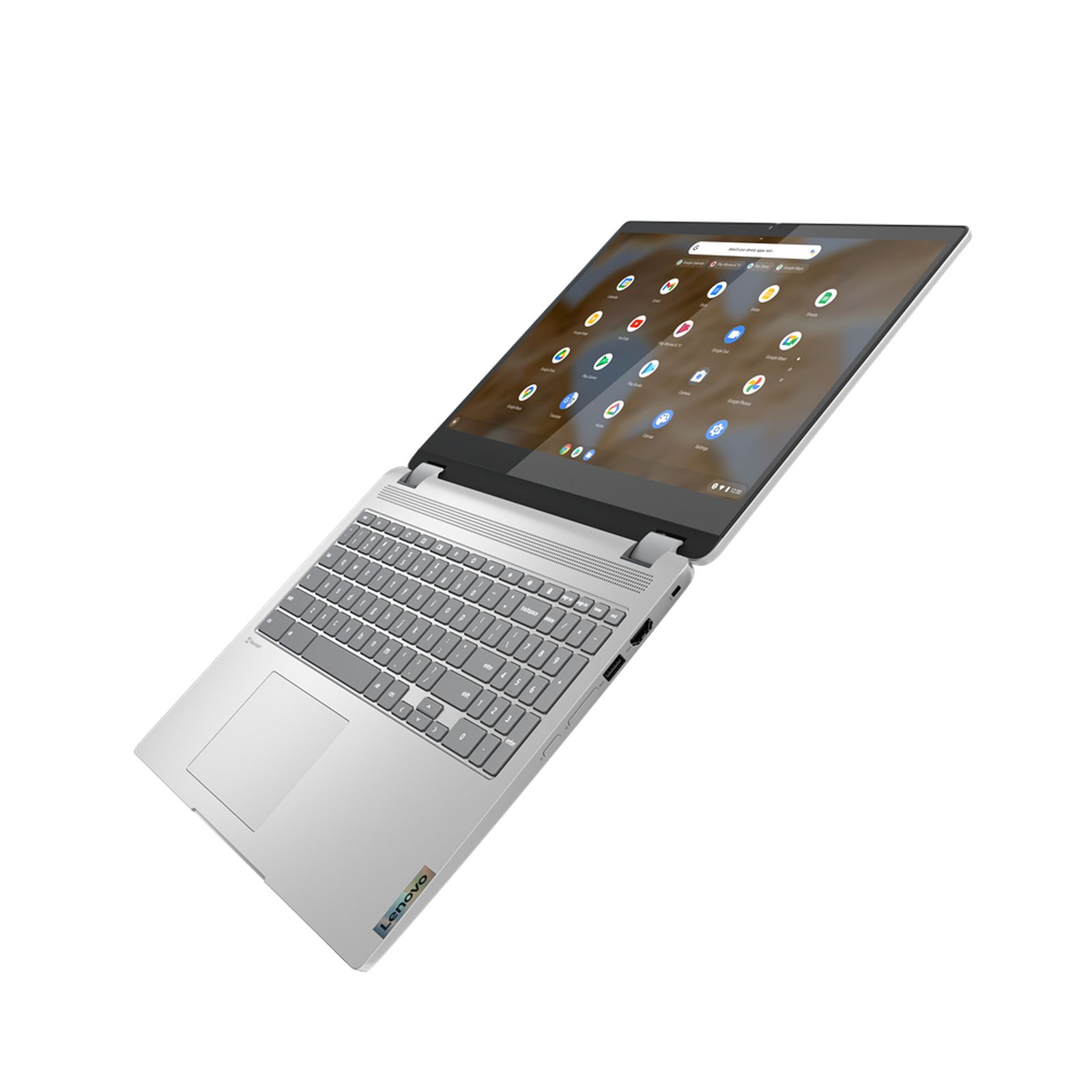 Silberner Laptop auf weißem Hintergrund, offener Bildschirm zeigt App-Symbole. Tastatur sichtbar. Lenovo-Logo.