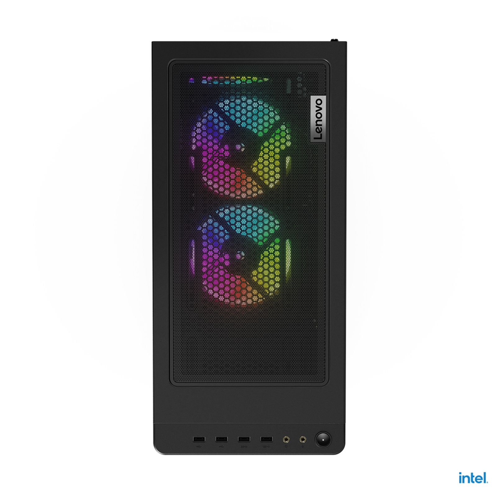 Czarna obudowa Lenovo. Siatkowy przód z wentylatorami i logo Lenovo.