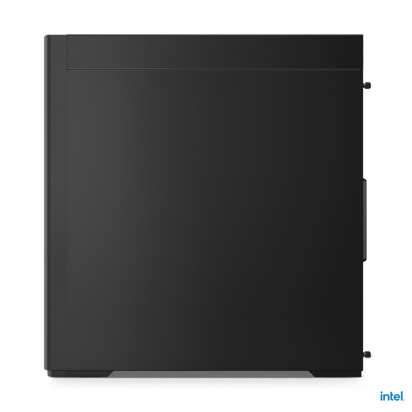 Czarna obudowa komputera, widok z boku, z ciemną powierzchnią i kilkoma widocznymi detalami.