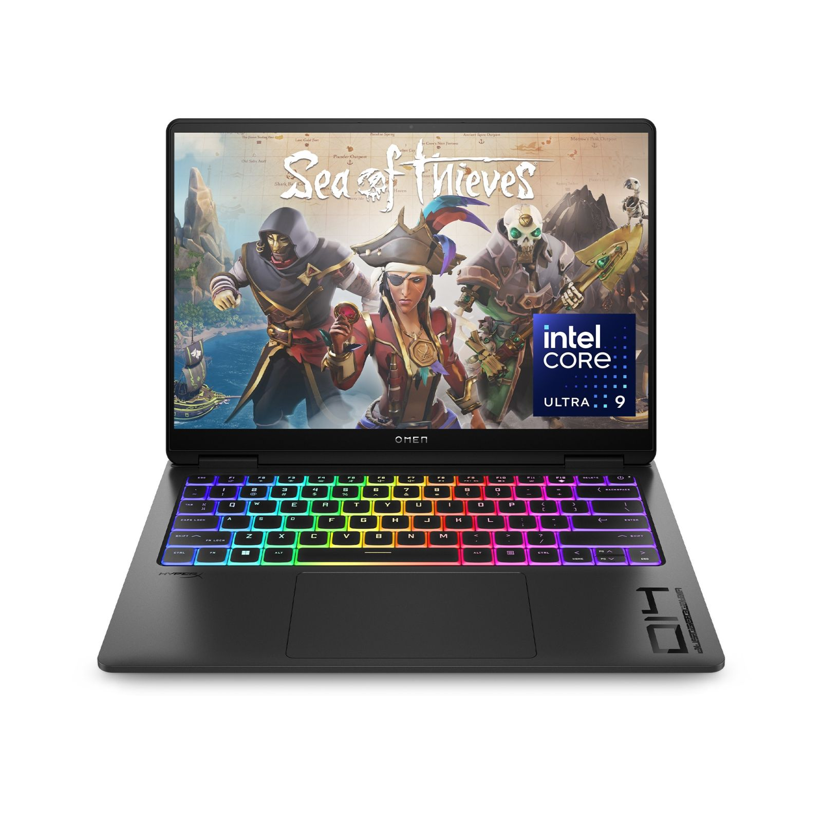 Laptop para juegos con teclado iluminado mostrando el juego Sea of Thieves, sobre una superficie blanca.