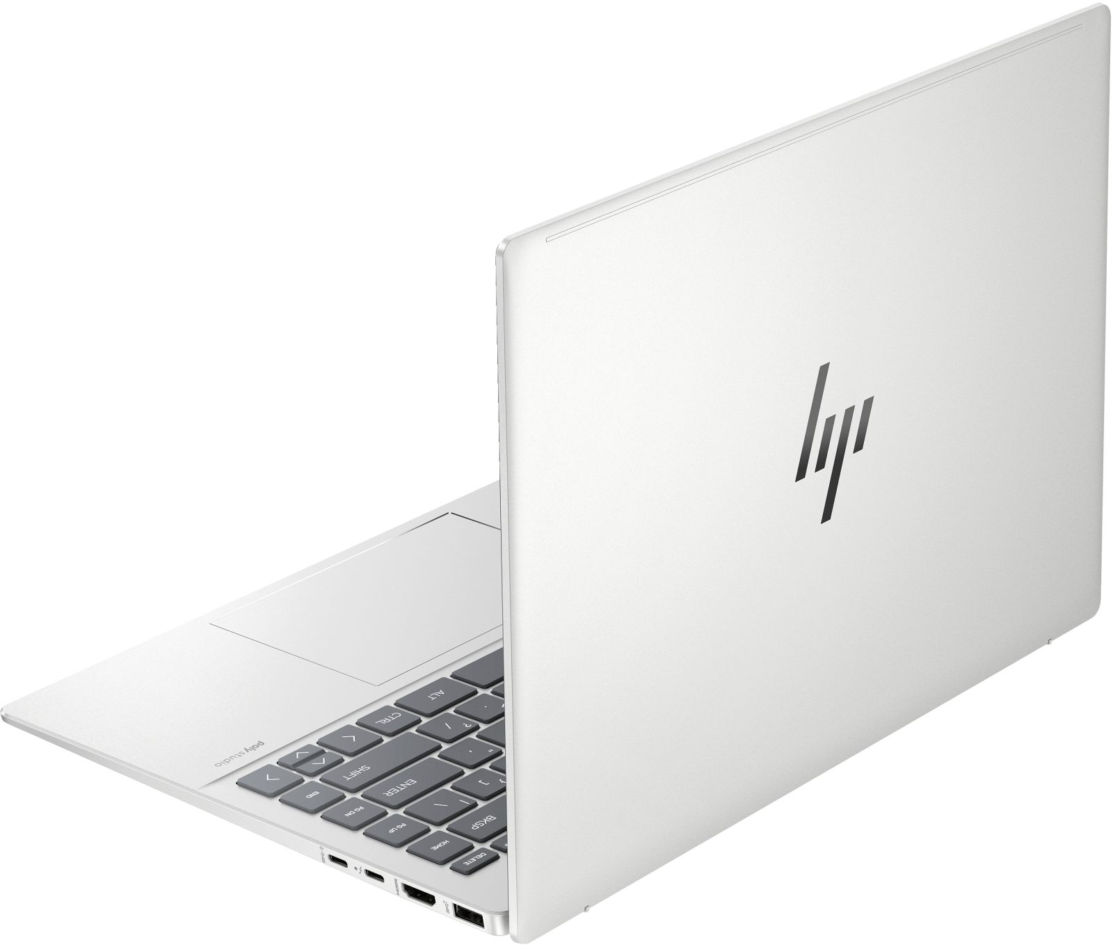 Biały laptop, częściowo otwarty, pokazujący klawiaturę i ekran. Logo HP na zamkniętej pokrywie.