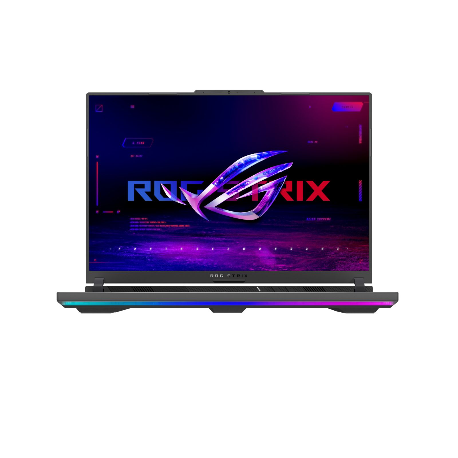 Schwarzer und lila ROG Strix Laptop, offen, nach oben gerichtet. Bildschirm zeigt Spiel.