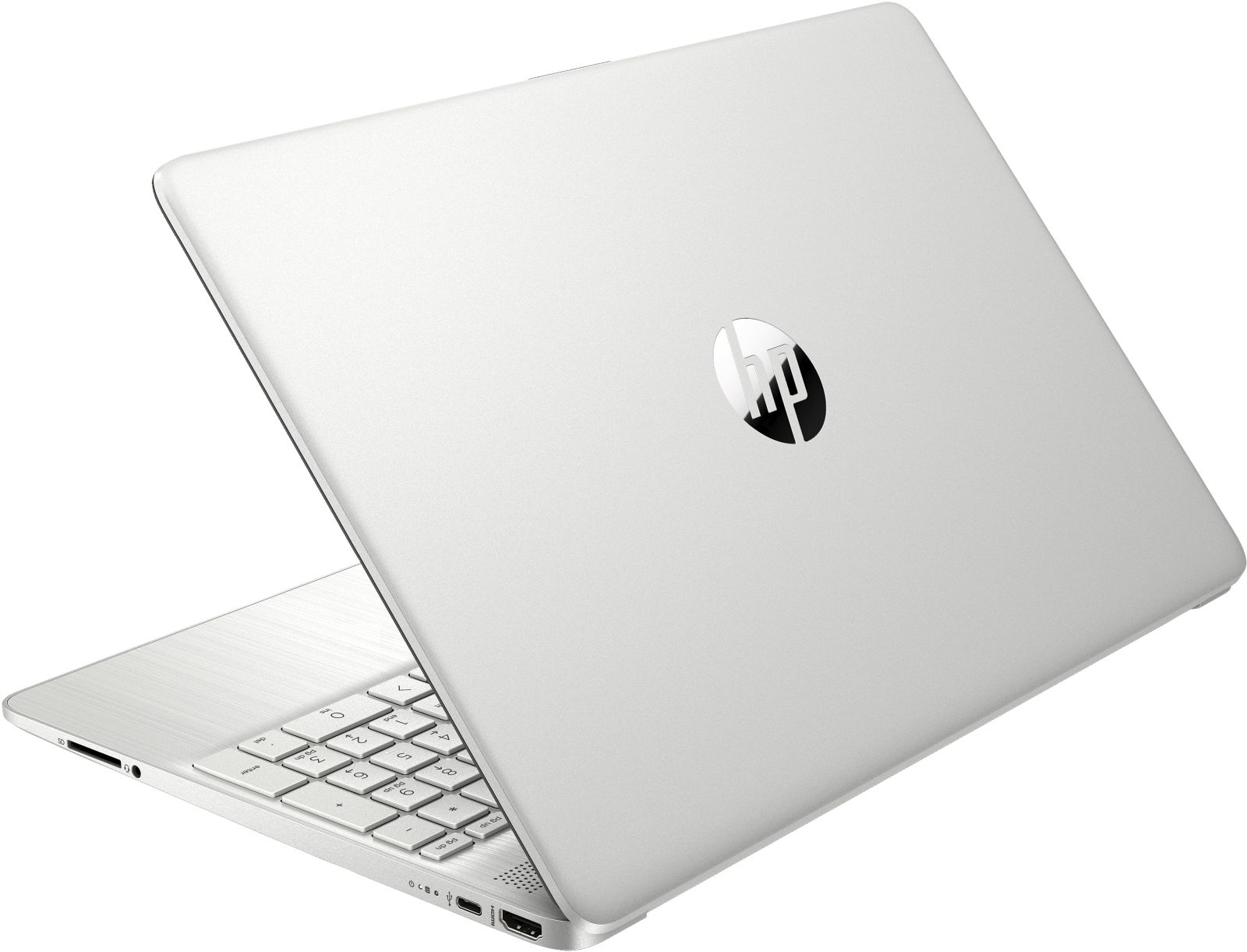 Srebrny laptop z otwartą pokrywą i białą klawiaturą. Logo HP z tyłu.
