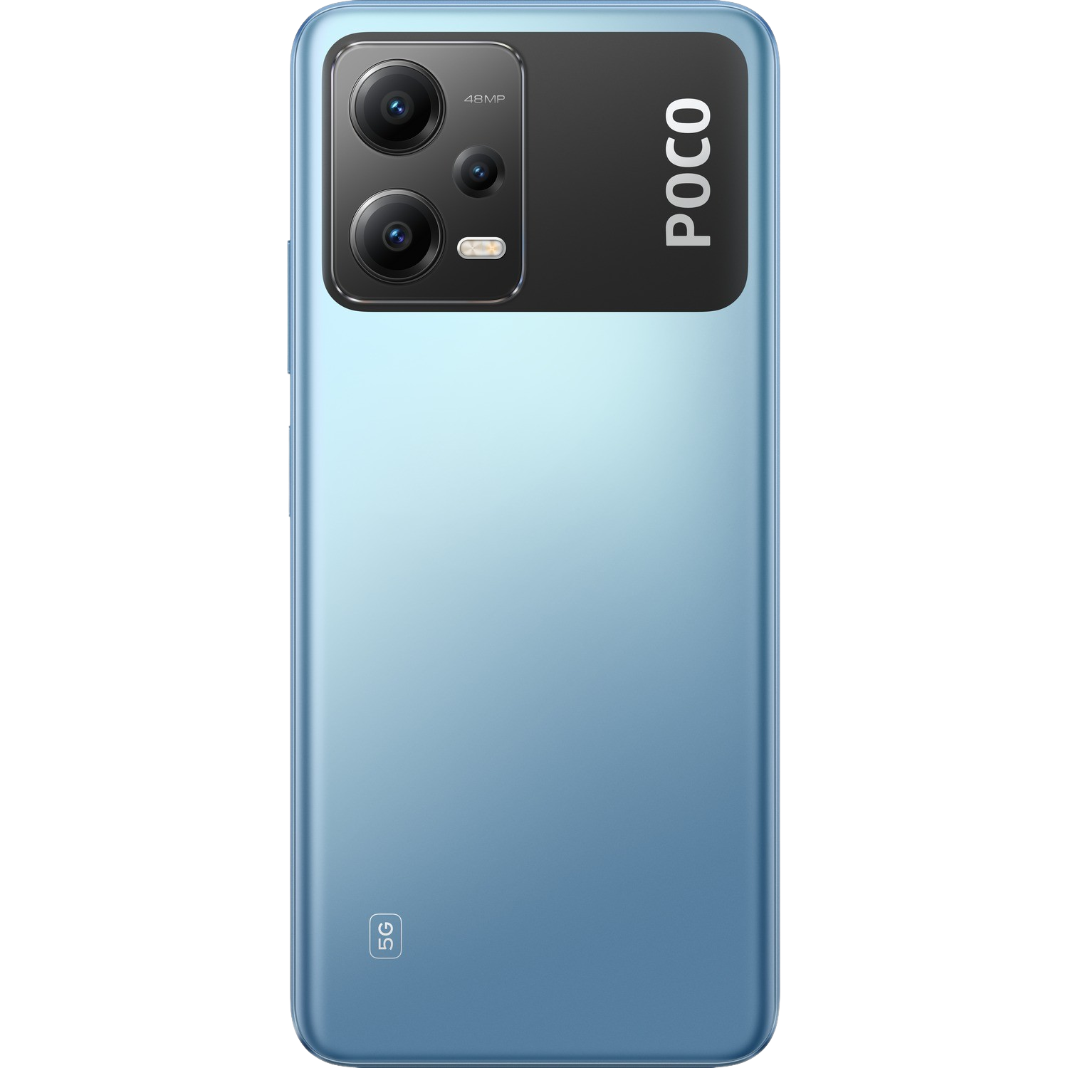Blaues Telefon mit Dreifachkamera und POCO-Logo auf der Rückseite.