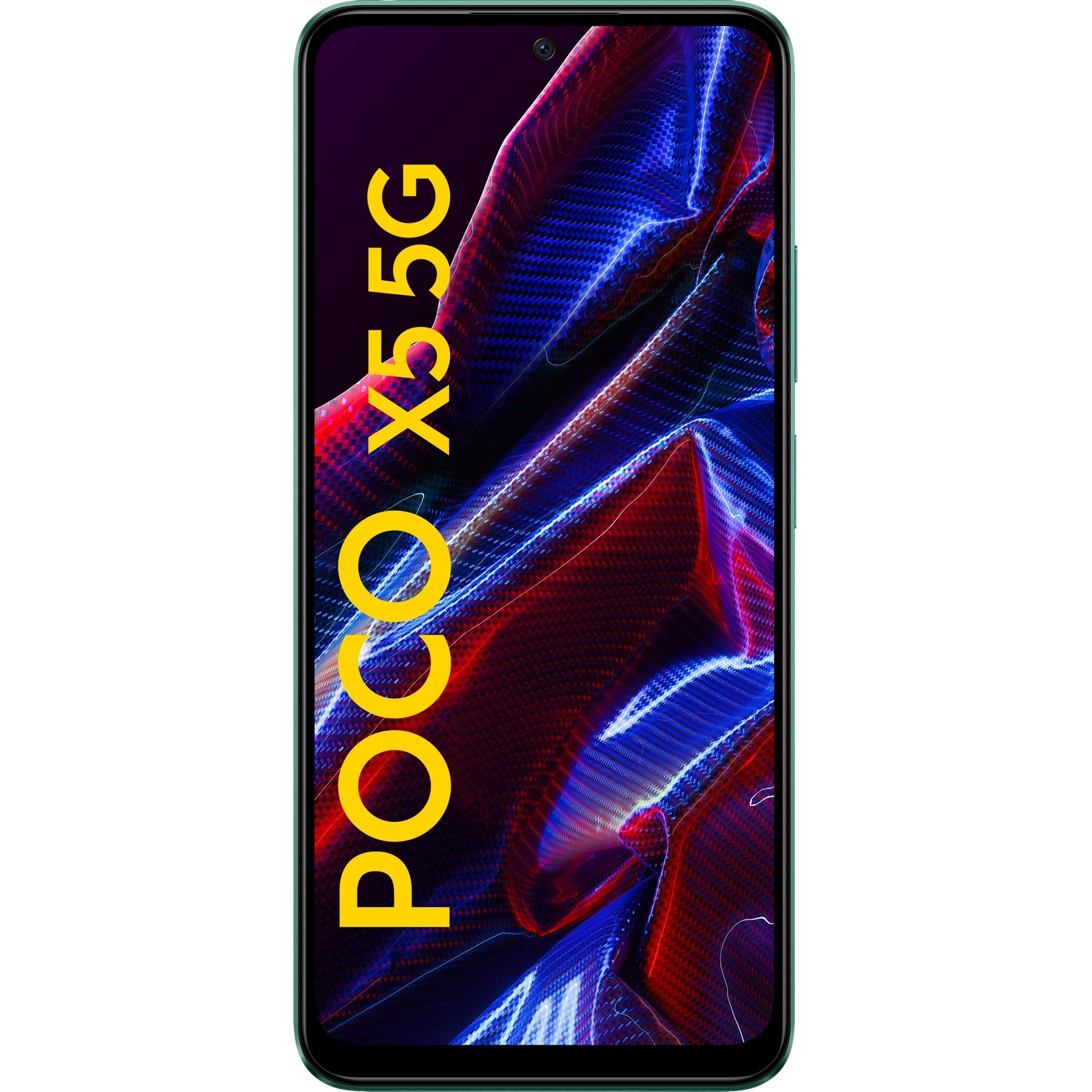 Smartphone mit grünem Rahmen, buntem abstrakten Design. POCO X5 5G-Text vertikal auf der linken Seite.