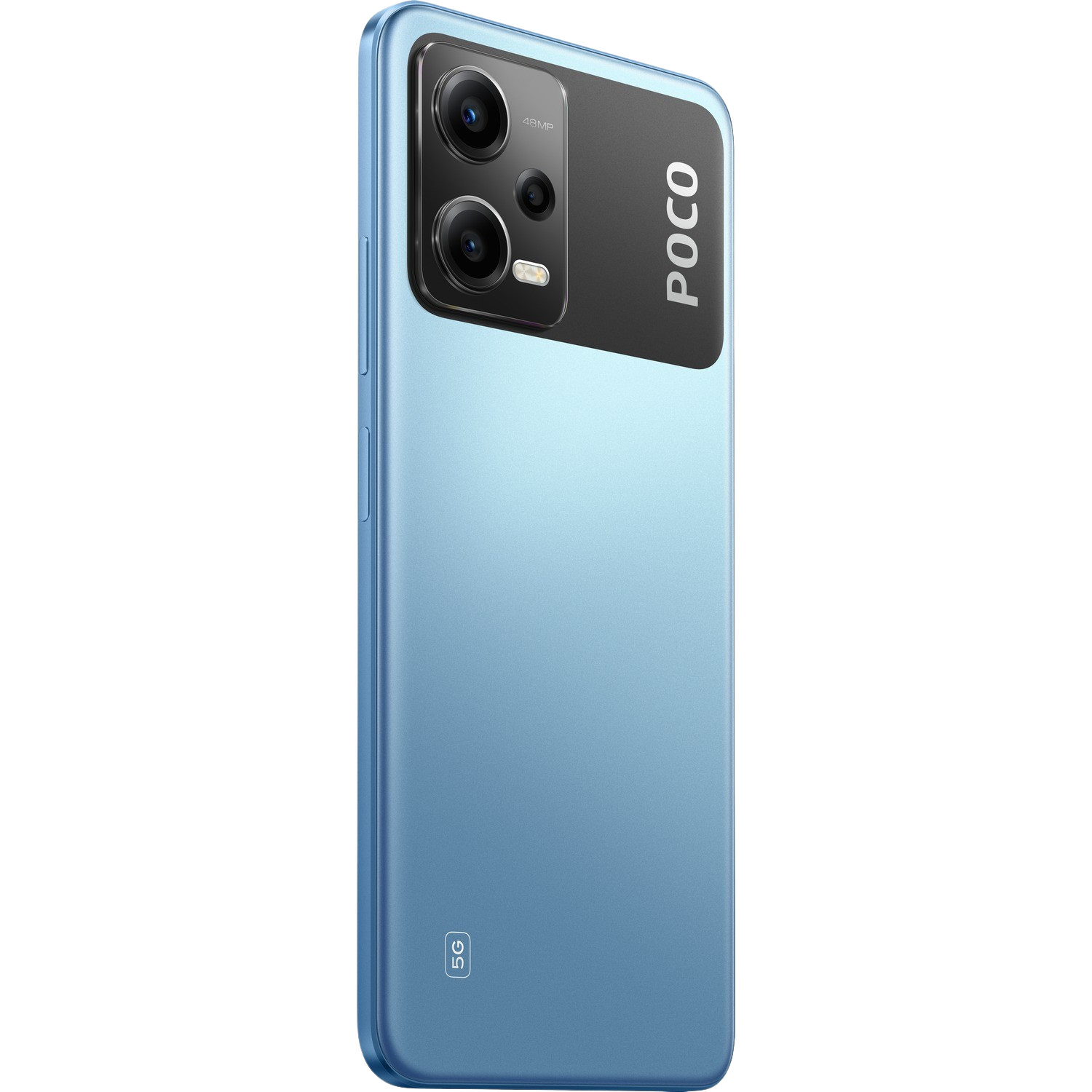 Blaues Smartphone mit schwarzem Kameramodul und POCO-Logo.