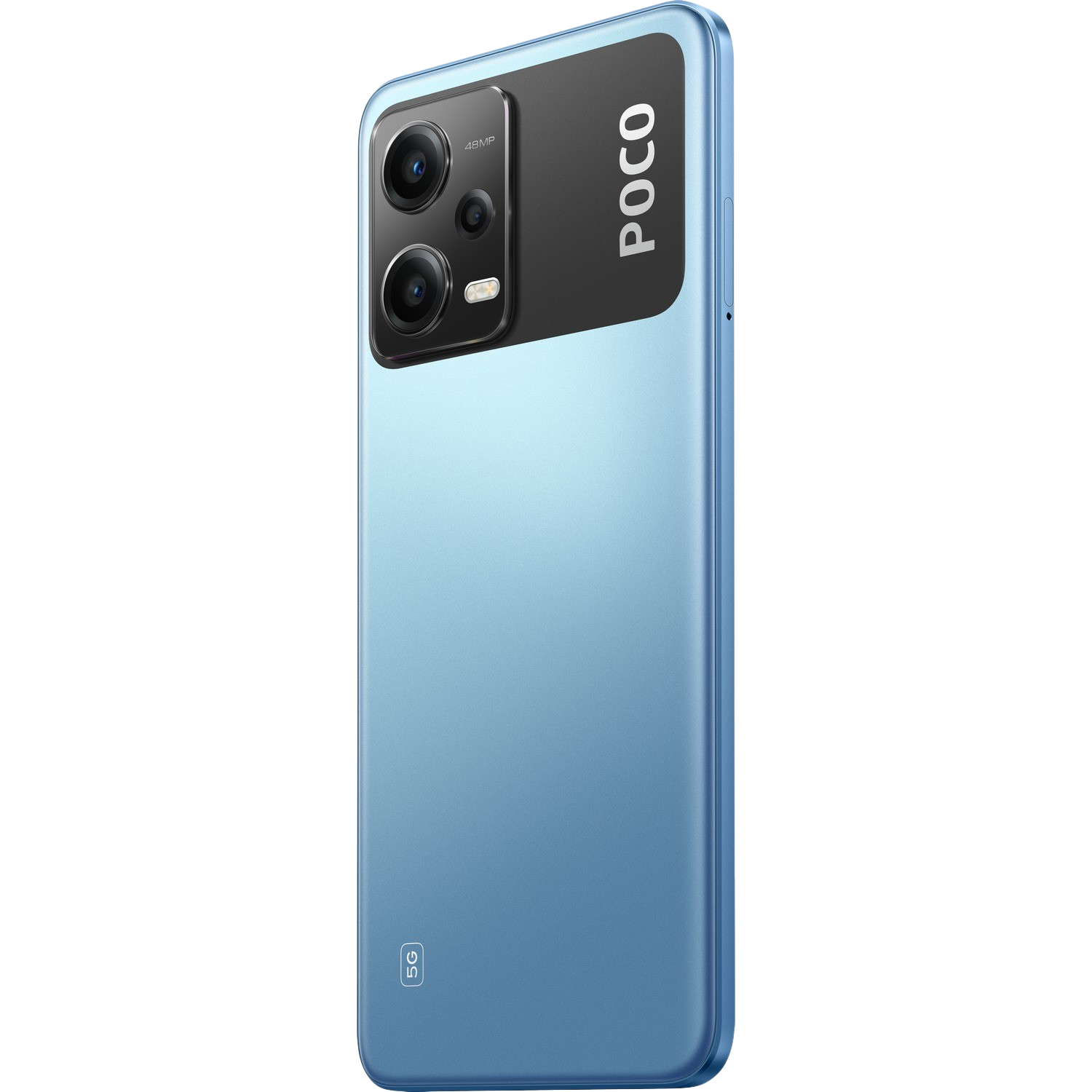 Ein blaues Poco-Telefon. Rückansicht mit Kamera und dem Poco-Logo in Schwarz.