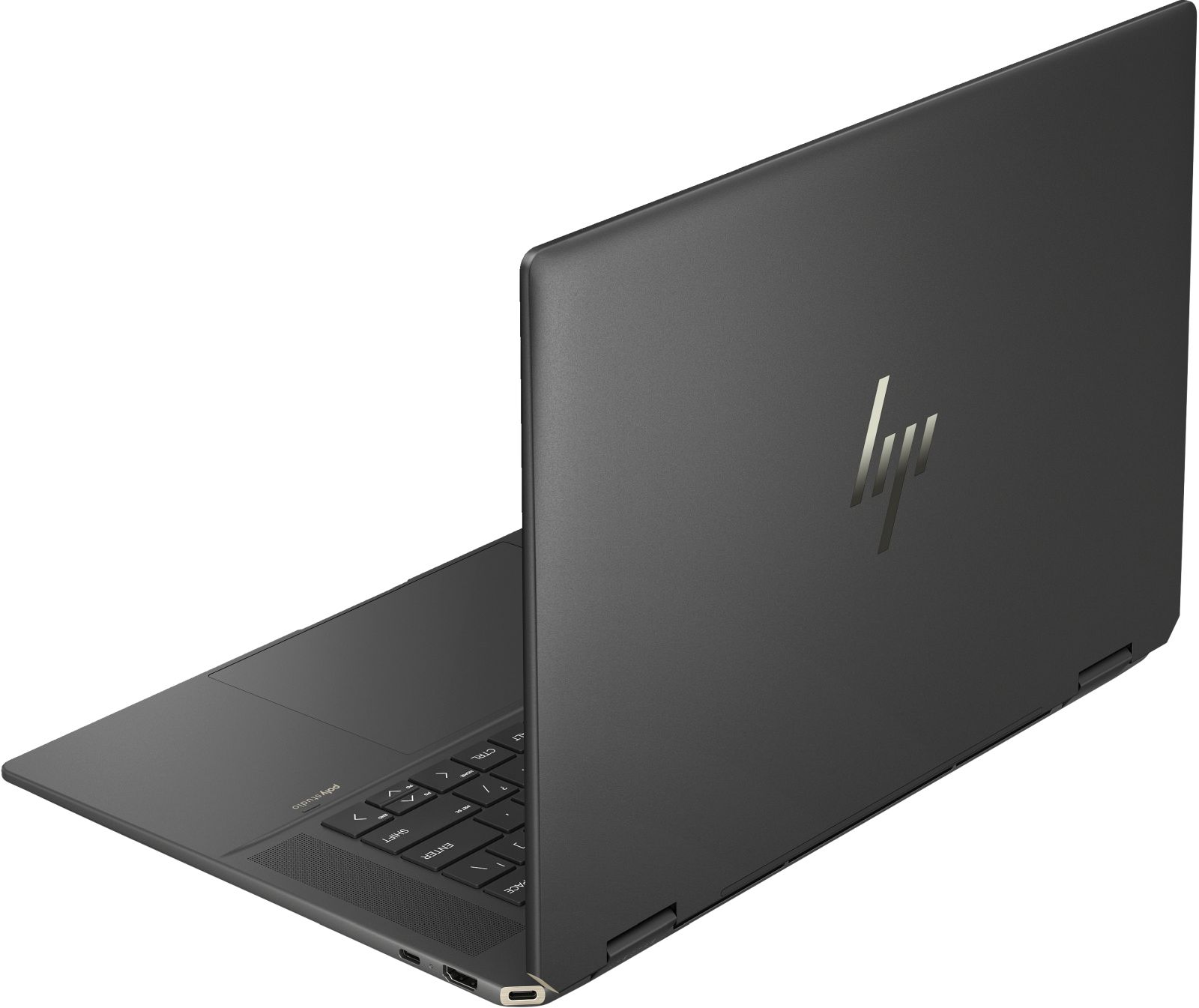 Ciemnoszary laptop HP, otwarty pod kątem, pokazujący klawiaturę i logo HP.