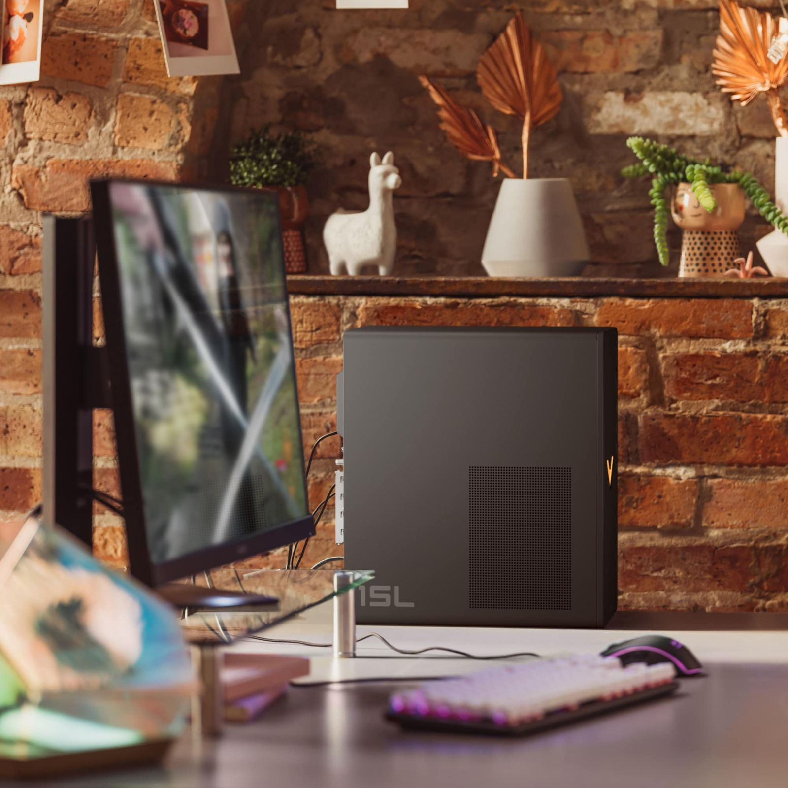 Biurko z komputerem, monitorem i PC, ceglana ściana w tle z dekoracjami.