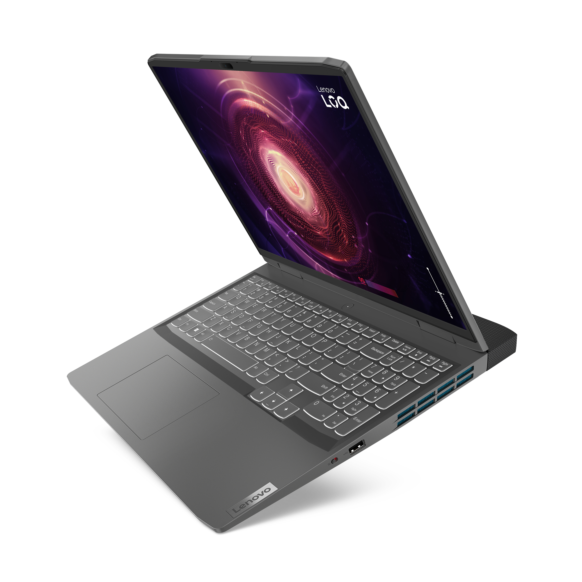 Ein silberner Laptop auf weißem Hintergrund mit farbenfrohem Bildschirm.