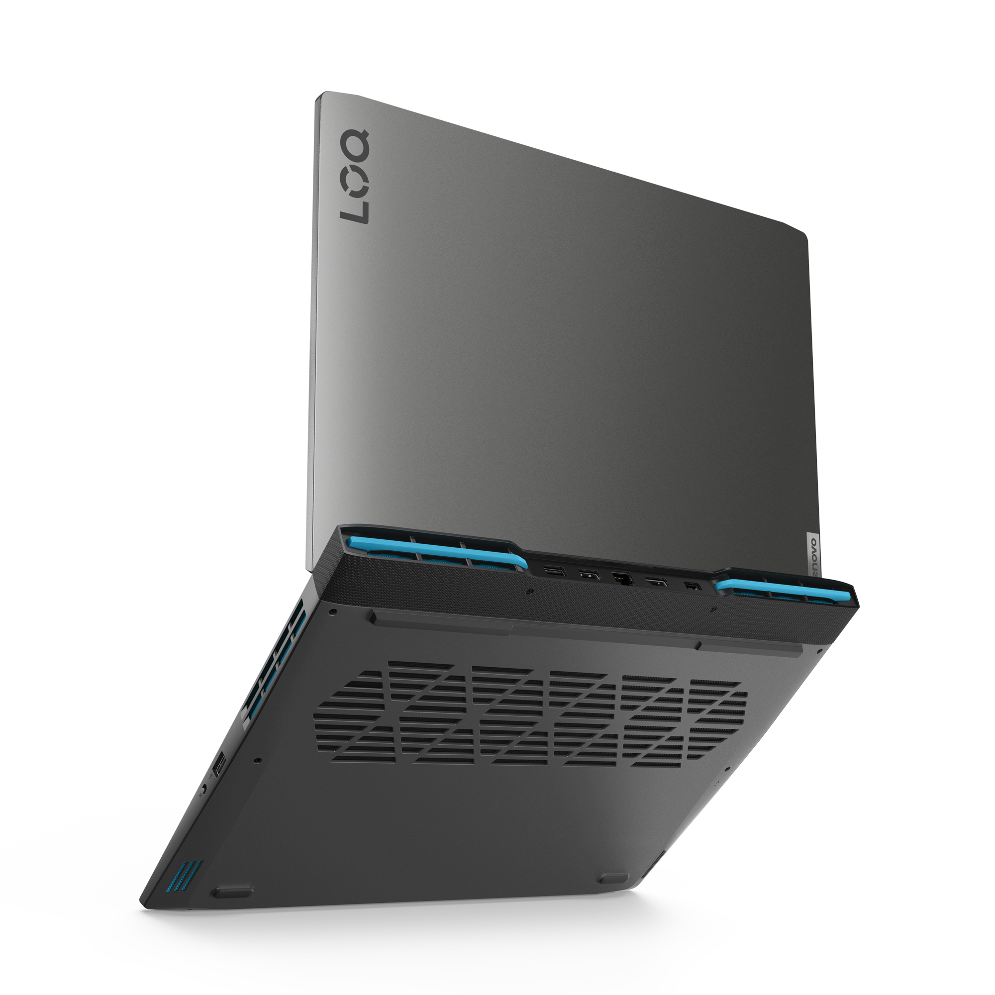 Grauer Lenovo LOQ Laptop, offen, zeigt Tastatur und beleuchteten Bildschirm mit Grafik.