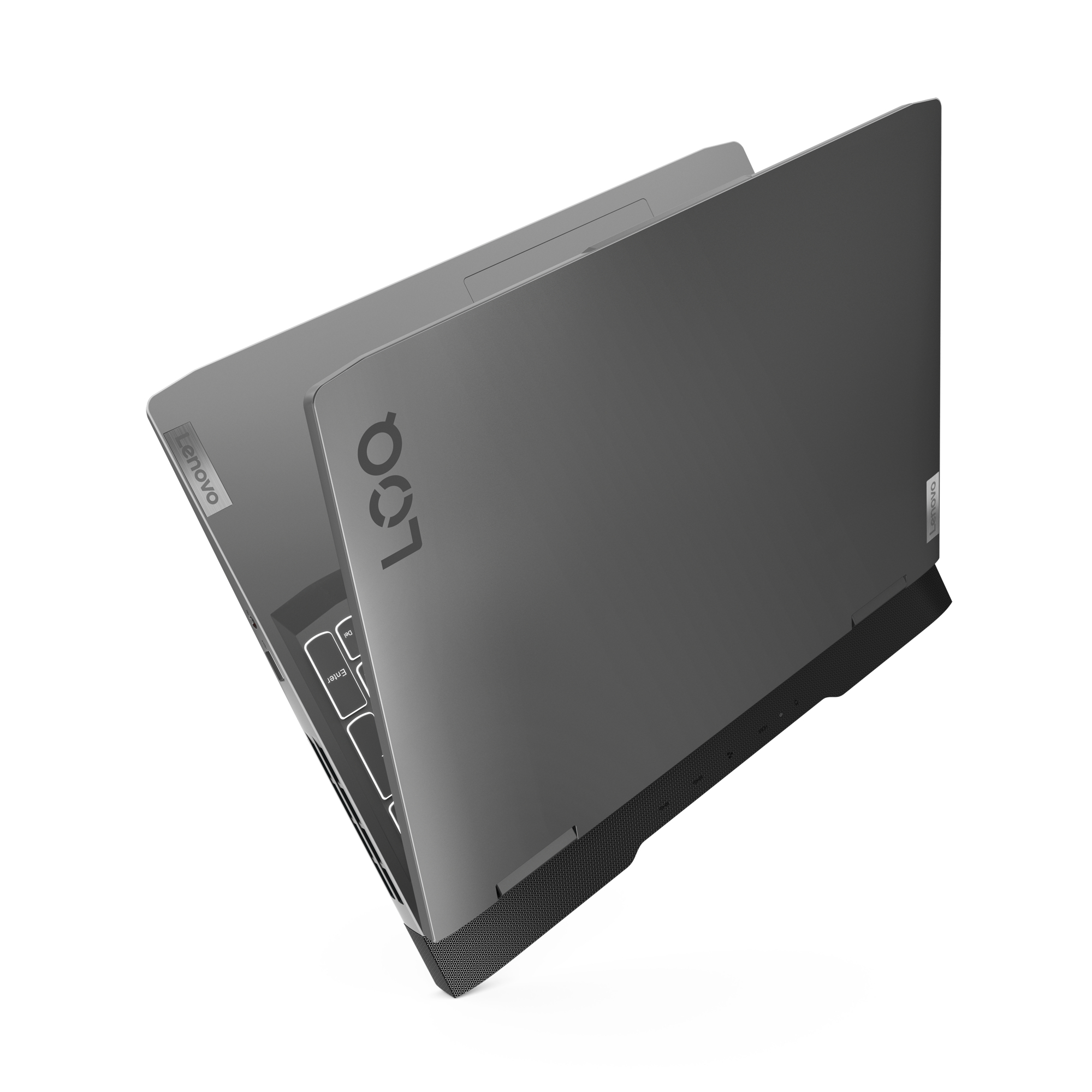 Grauer Laptop, offen, Tastatur und Lenovo-Logo, Looq-Logo oben.