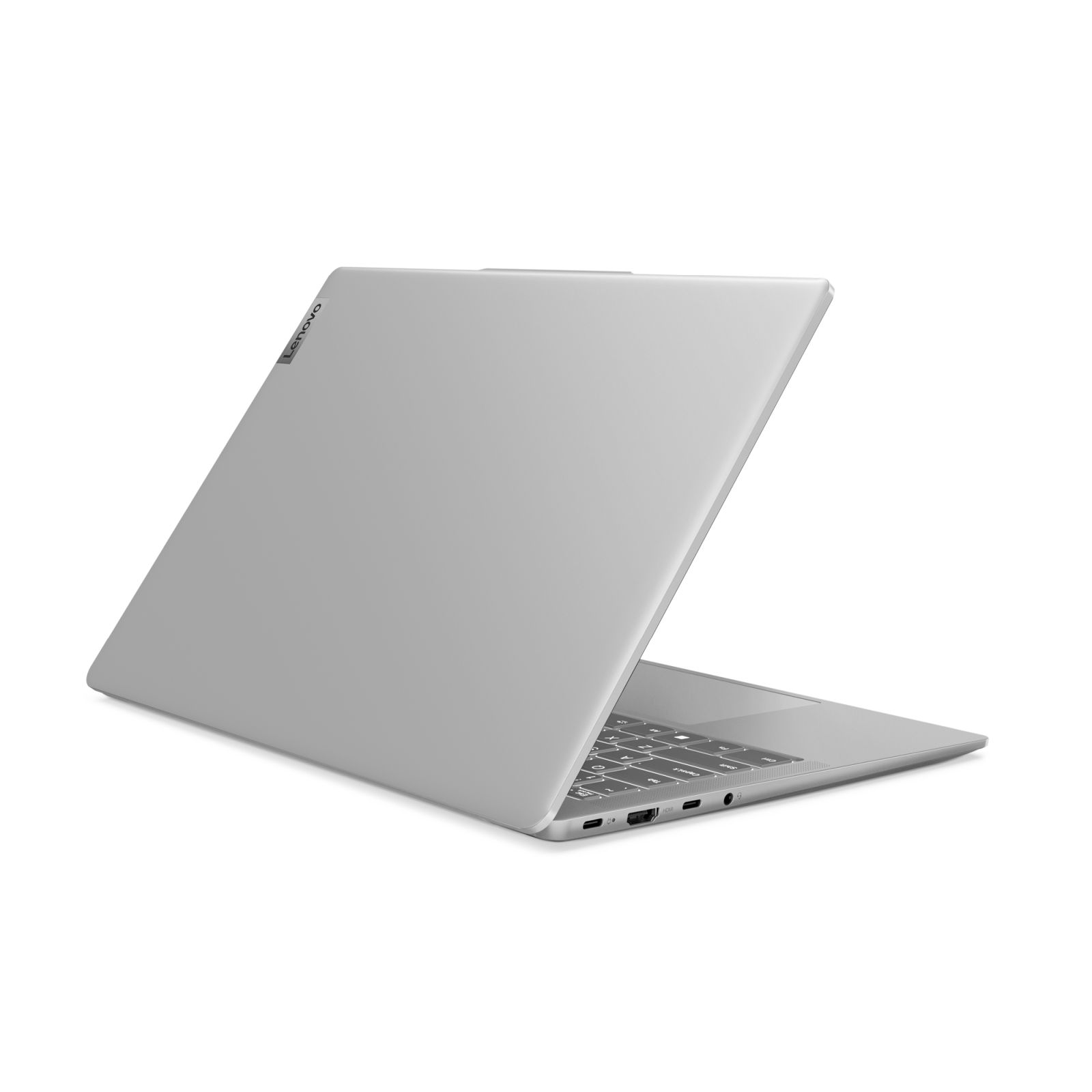 Grauer Laptop, Rückansicht. Lenovo-Logo oben. Geöffnet.