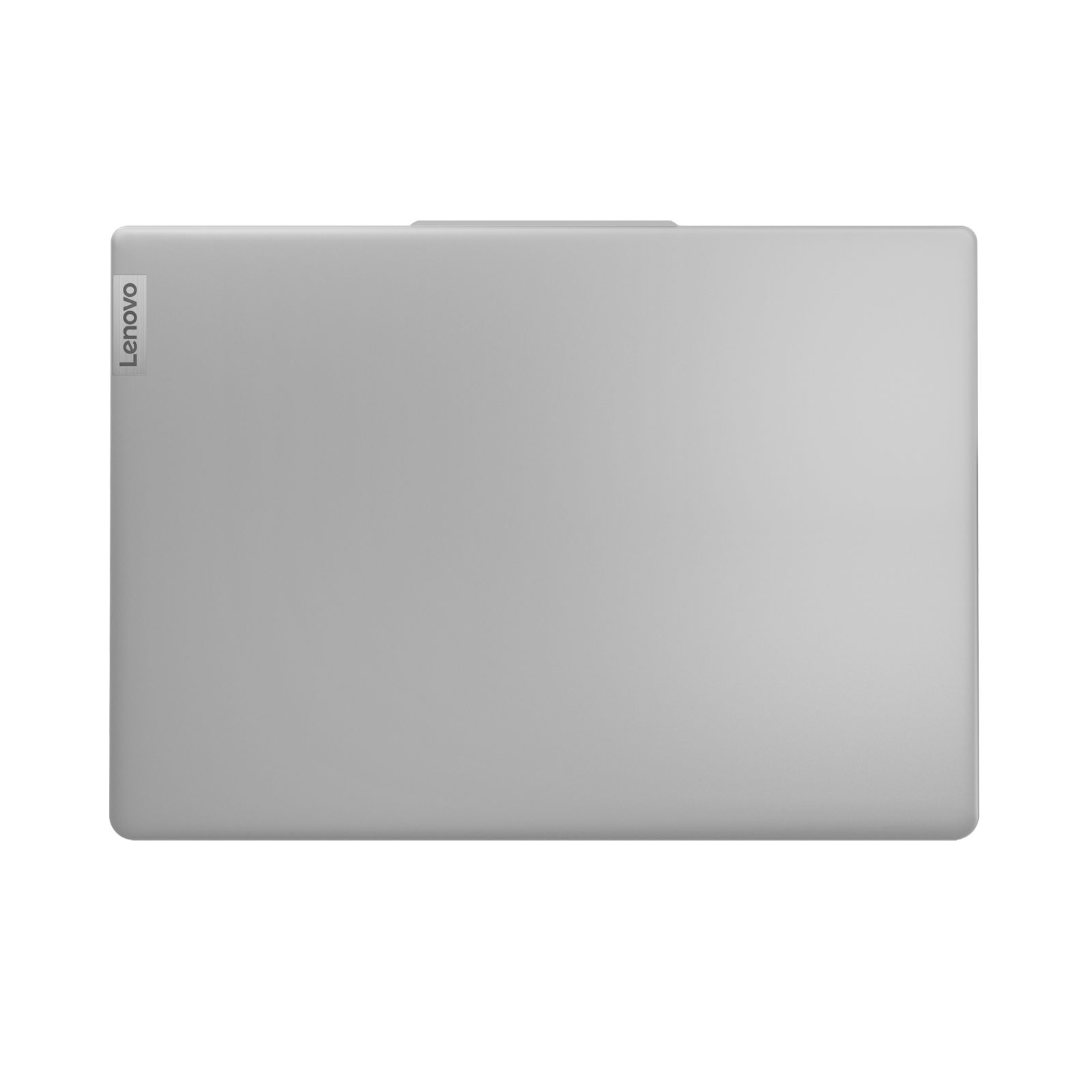 Ein grauer Lenovo-Laptop, Draufsicht, mit dem Lenovo-Logo auf der linken Seite.