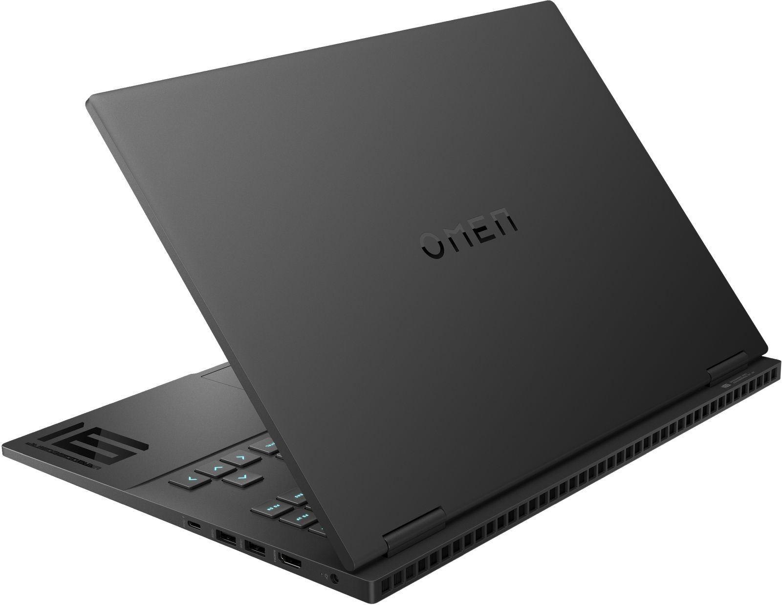 Schwarzer Laptop, geöffnet. OMEN-Logo oben. Tastatur sichtbar. Modernes Design.