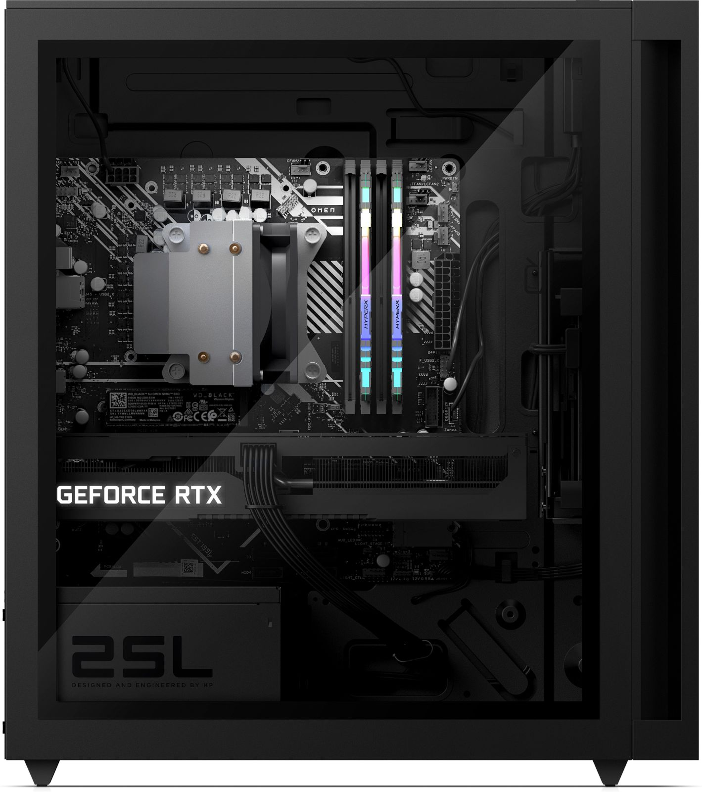 Obudowa komputera ze szklanym panelem bocznym, ukazująca komponenty wewnętrzne. Obudowa jest czarna.