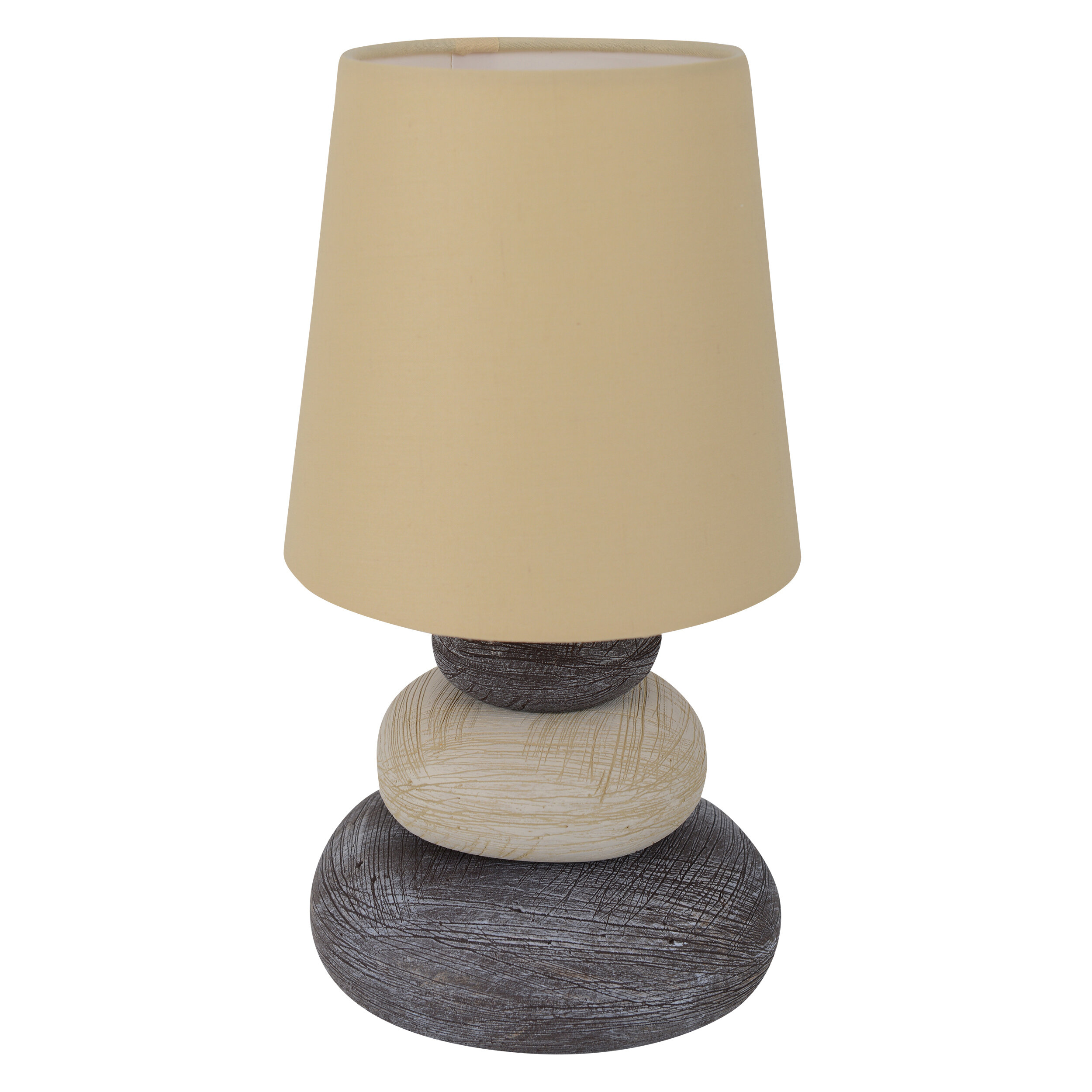 Eine gestapelte Steinlampe mit beigem Lampenschirm vor weißem Hintergrund.