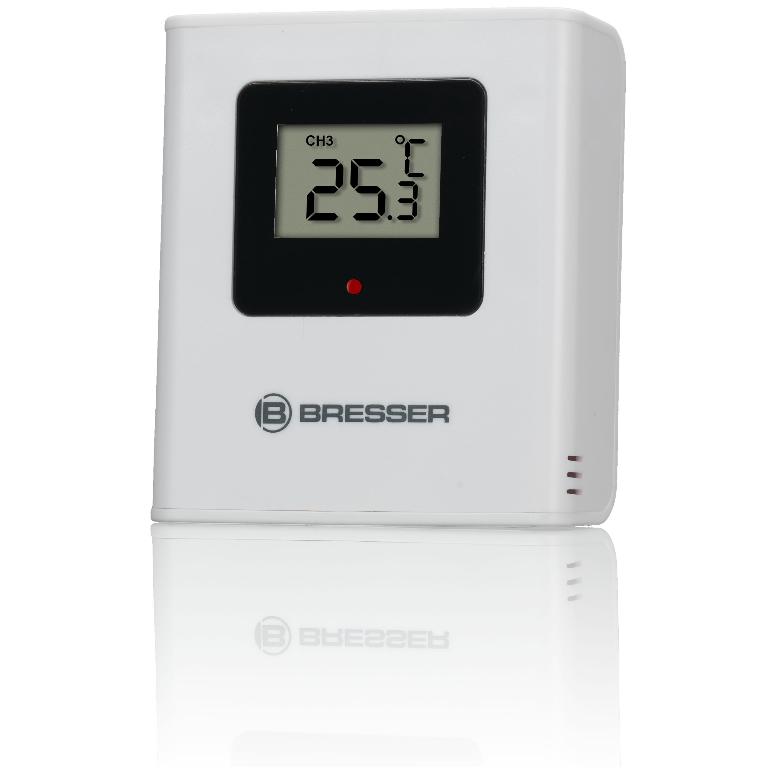 Weißes digitales Thermometer mit 25,3. Es hat das Bresser-Logo und ein schwarzes Display.