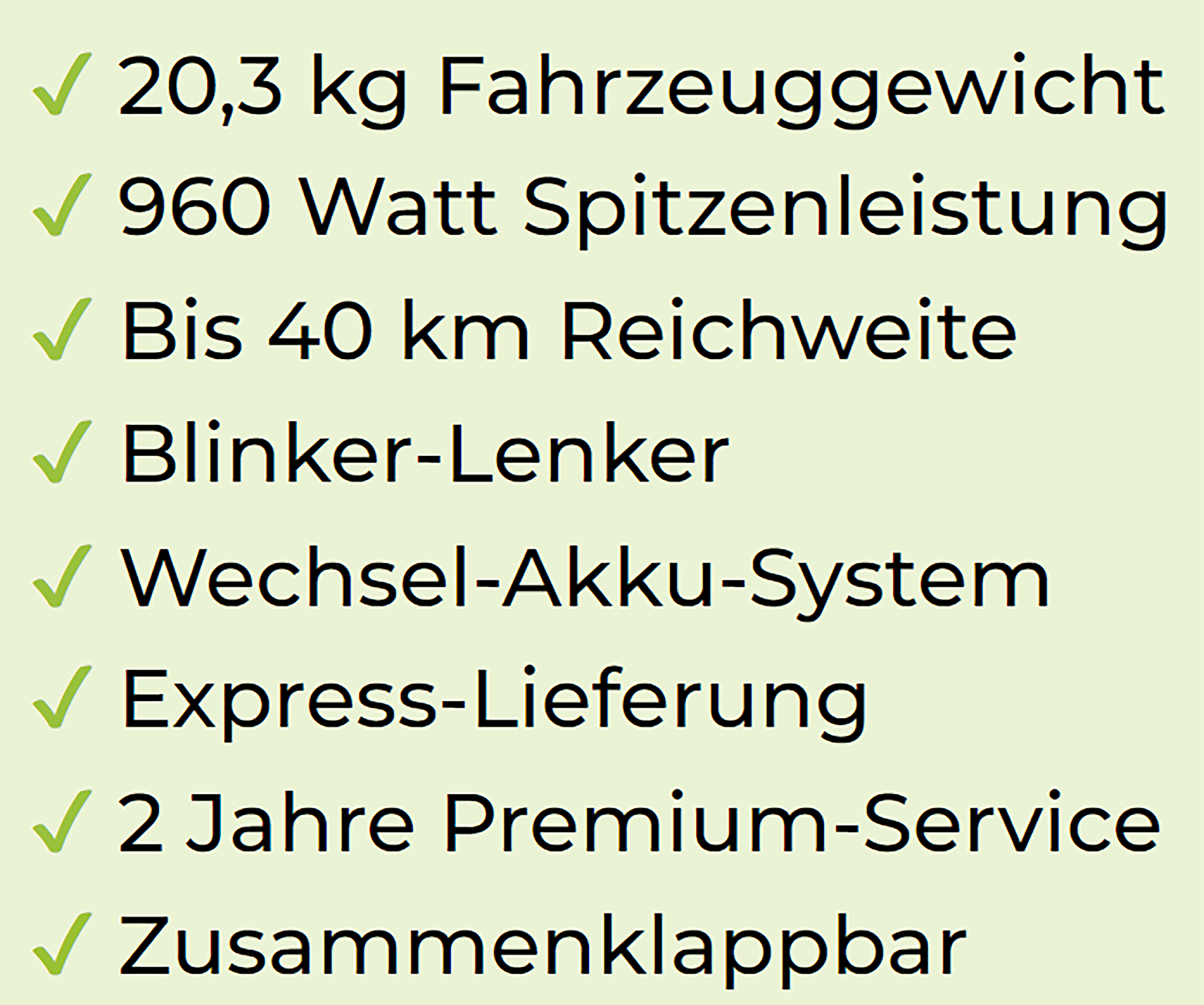 Text mit Funktionen wie Gewicht, Leistung, Reichweite und Service.