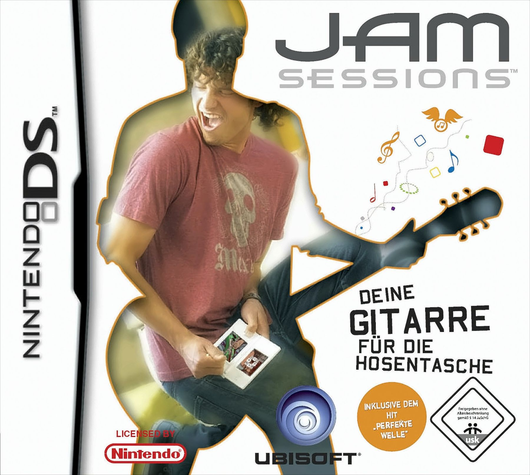 Spielbox für Nintendo DS. Zeigt einen Mann, der Gitarre spielt, Titel 'JAM SESSIONS' und Nintendo DS-Logo.