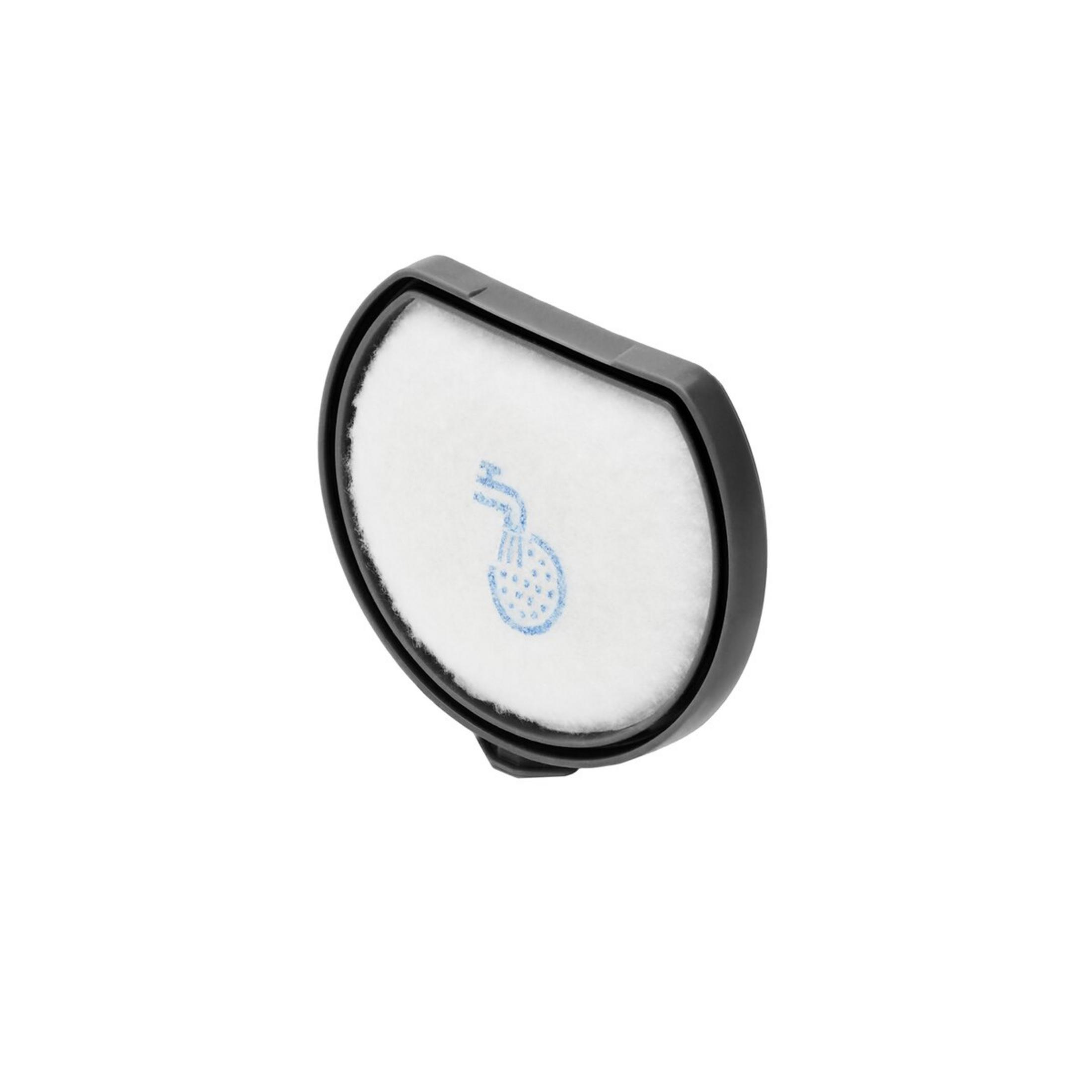 Un filtro blanco dentro de un marco negro. El filtro tiene un diseño circular azul claro impreso.