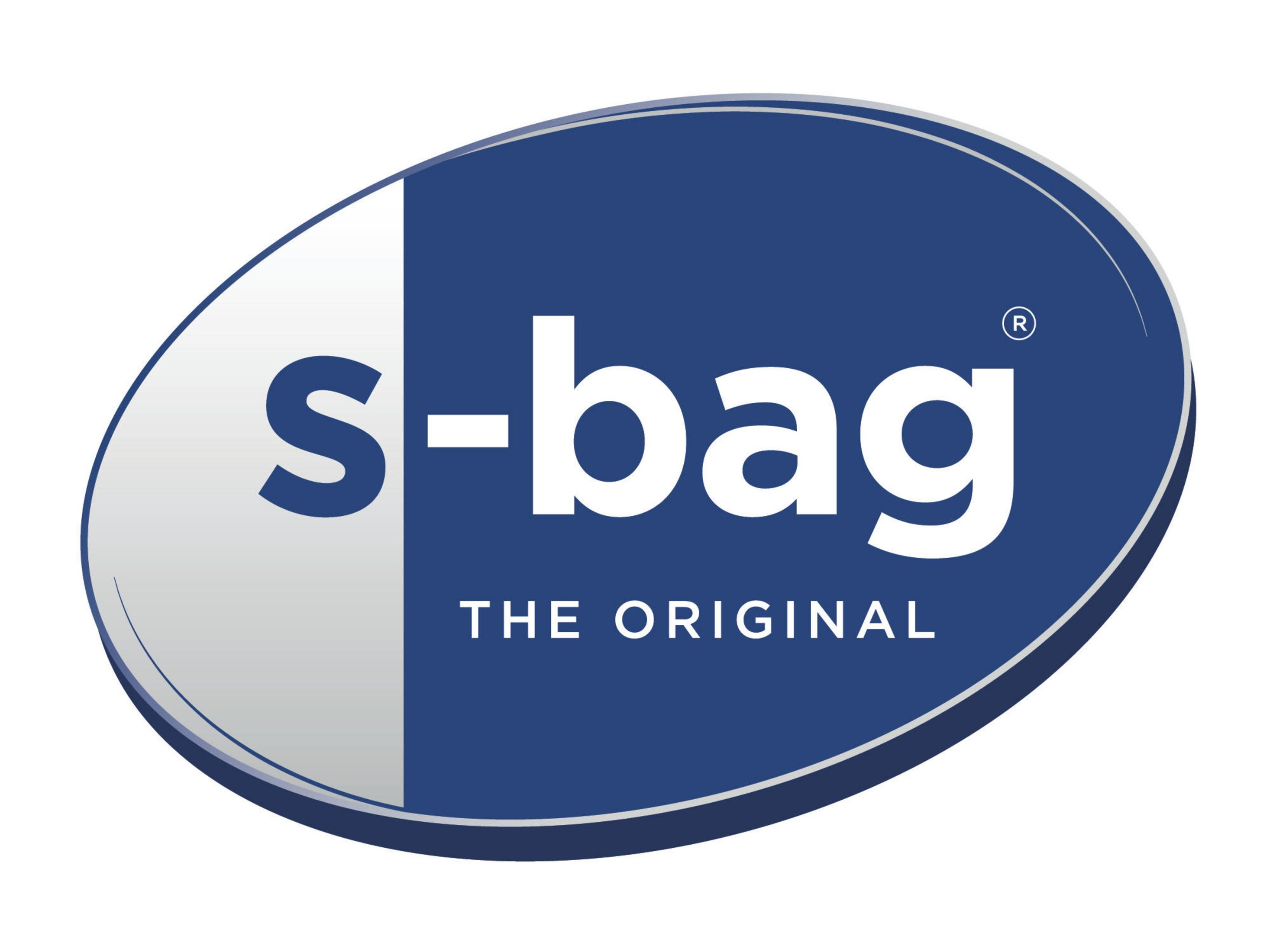 Logotipo ovalado azul y blanco de s-bag con texto: s-bag, The Original, sobre fondo blanco.