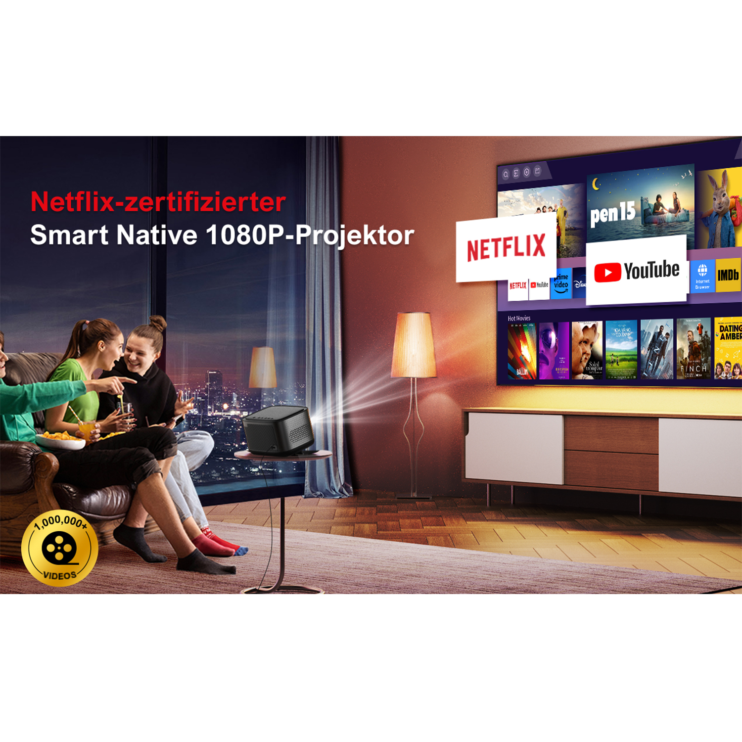 Leute sehen fern, der Bildschirm zeigt Netflix und Youtube. Projektor projiziert an die Wand.