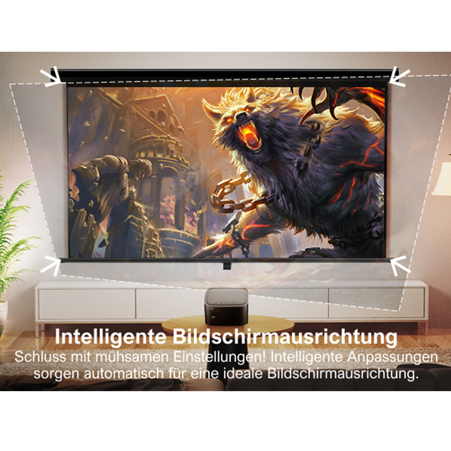 Der Projektor zeigt ein Wolfsbild. Ein Projektor steht darunter. Weiße Linien zeigen die Ausrichtung an.